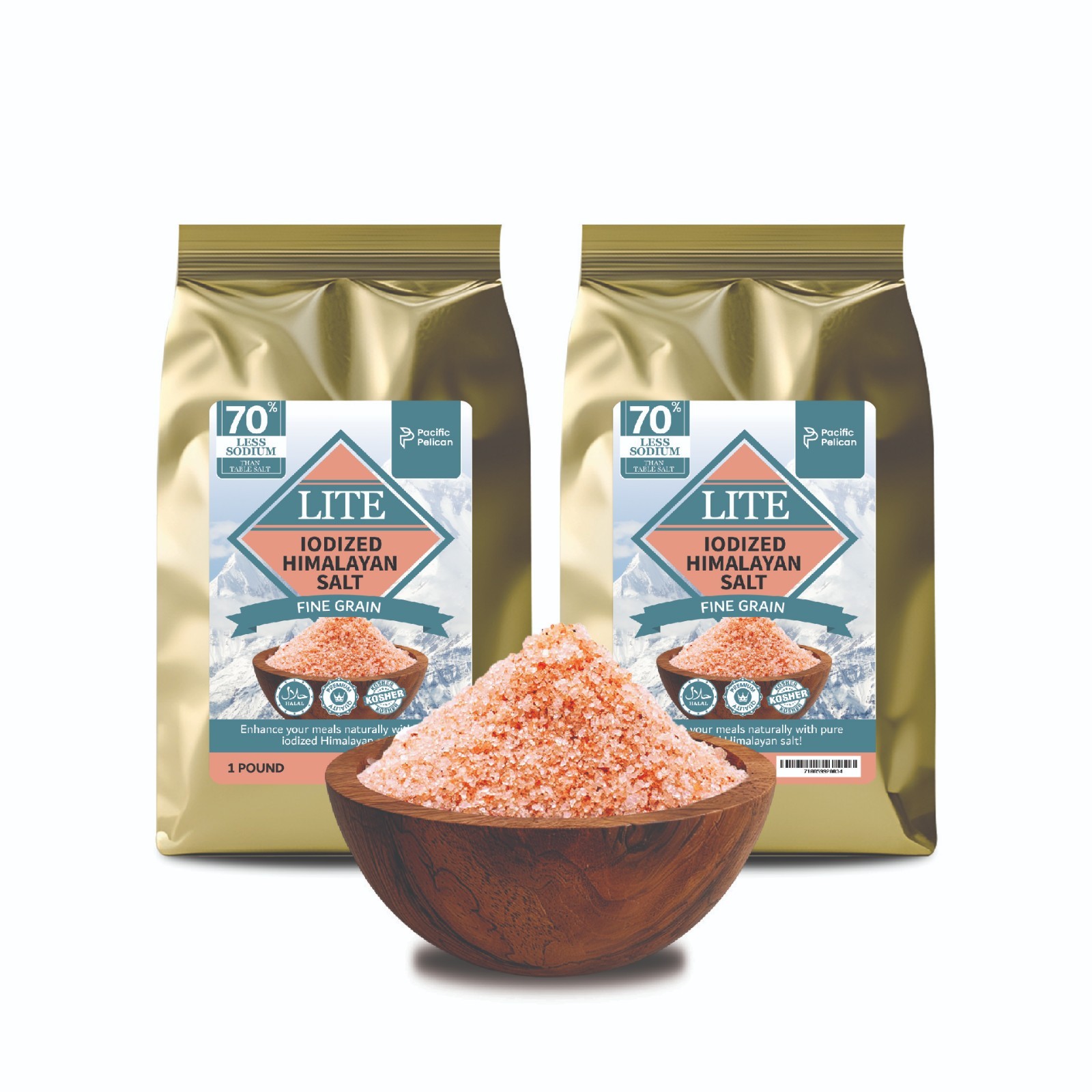 Pacific Pelican 70% Less Sodium Iodized Fine Grain Himalayan Salt, 1 LB, 2 Packs