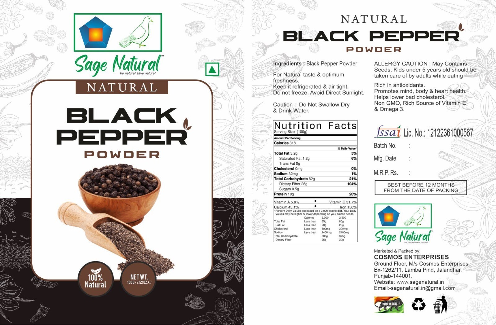 100% ORGANIC PREMIUM BLACK PEPPER POWDER HAND PICKED NATURAL FREE SHIPPING