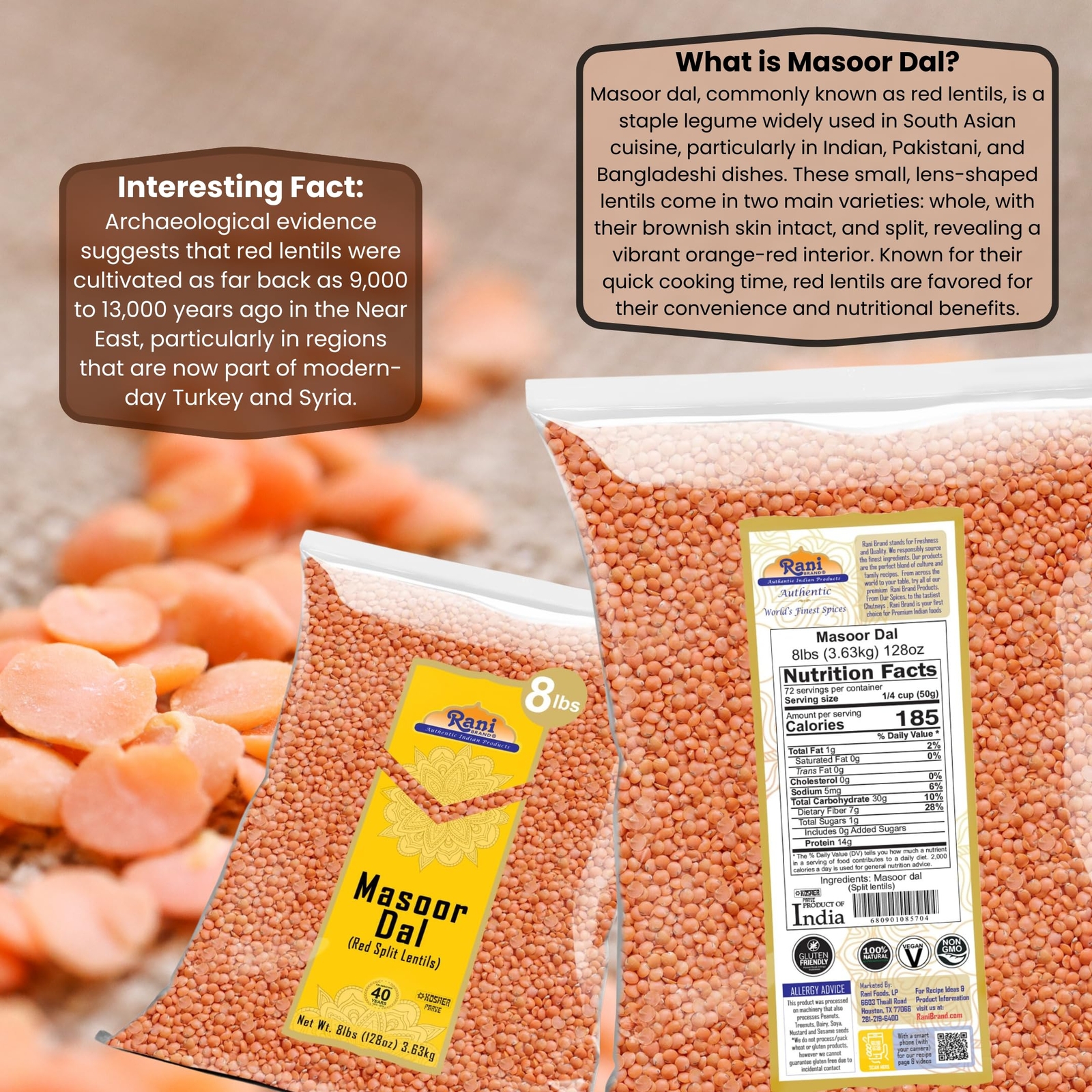Rani Masoor Dal (Indian Red Lentils) Split Gram, 128oz (8lbs) 3.63kg, Bulk