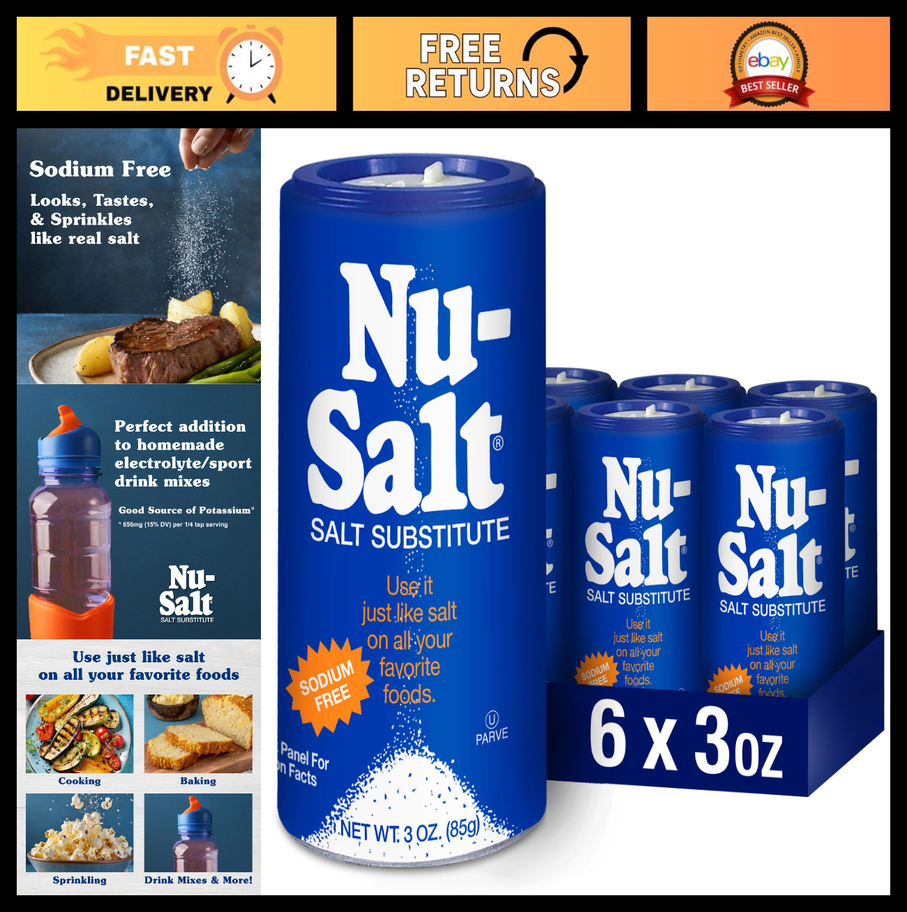 Sodium-Free Salt Substitute, Potassium Chloride, Vegan Seasoning for Snacks, 6-P