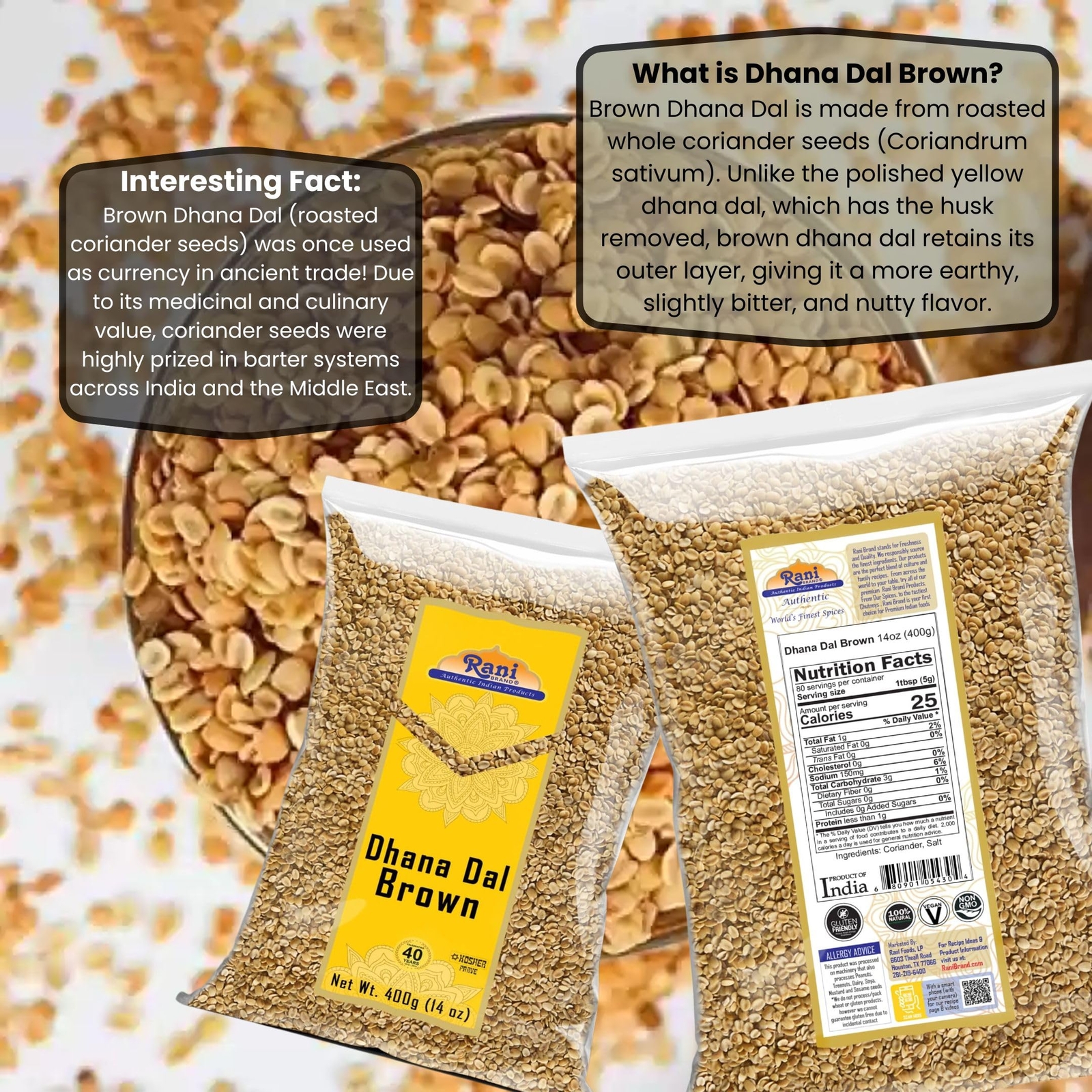 Rani Dhana Dal (Roasted Coriander Seeds) Brown 14oz (400g)
