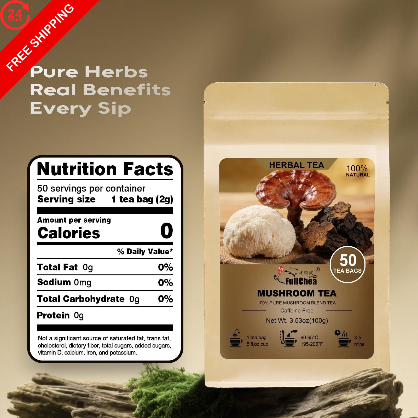 FullChea – Mushroom Blend Tea Bags, 50 Count, 50 Count (Pack of 1)