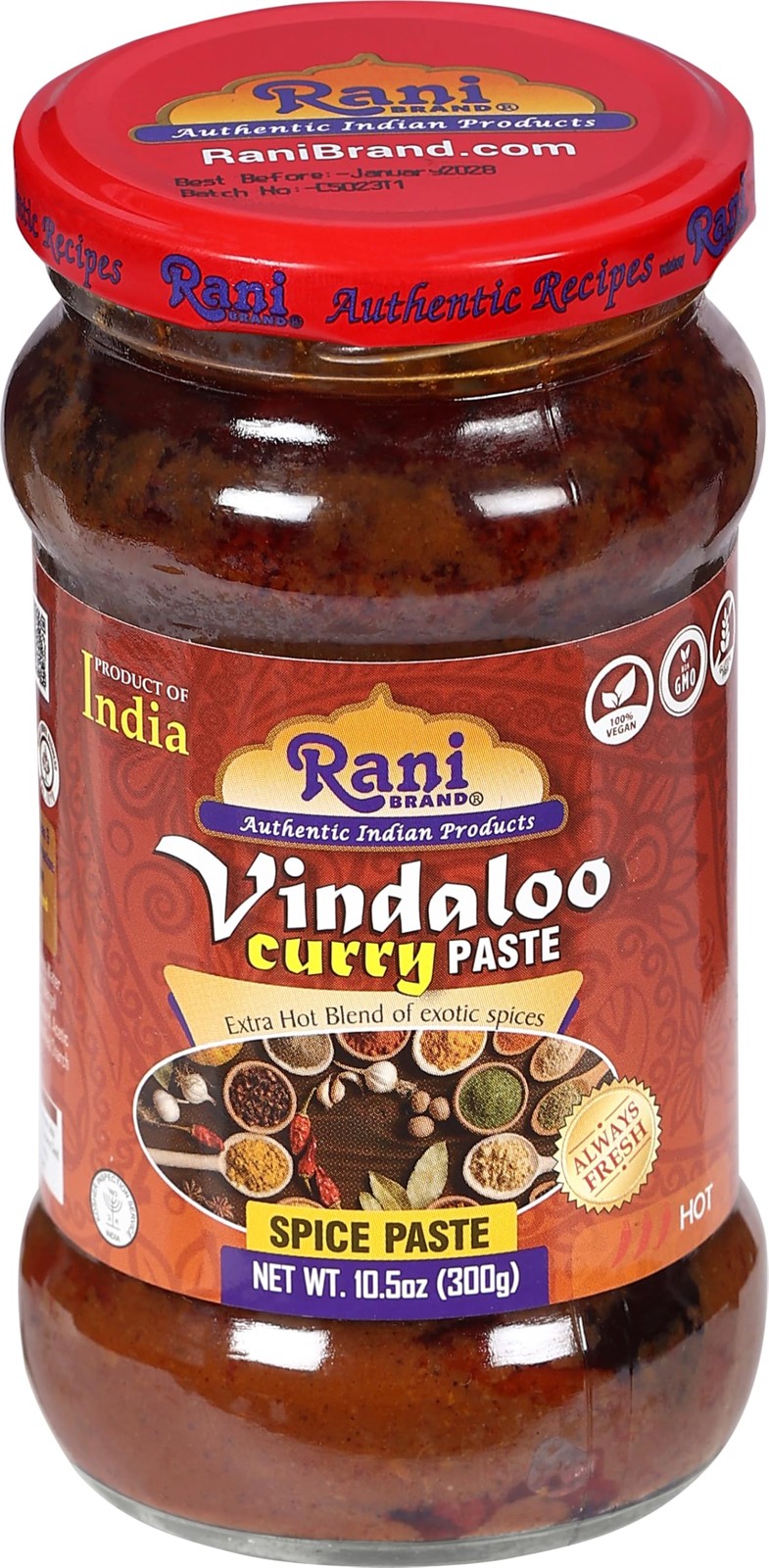 Rani Vindaloo Curry Cooking Spice Paste, Hot! 10oz (300g) Glass Jar