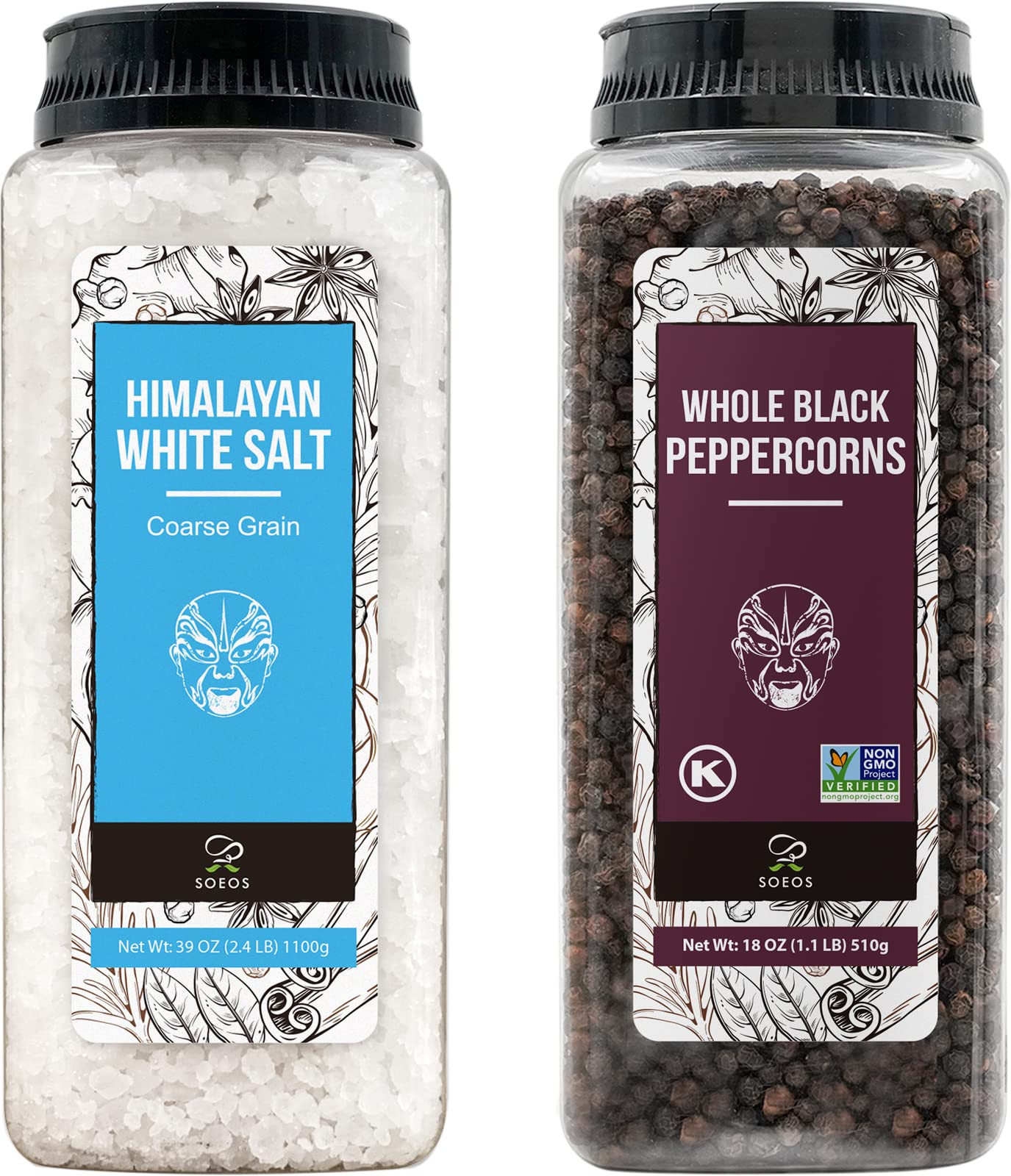Himalayan Sea Salt, 39 oz (2.4 lb) + Whole Black Peppercorns, 18oz (1.1 lb) W…