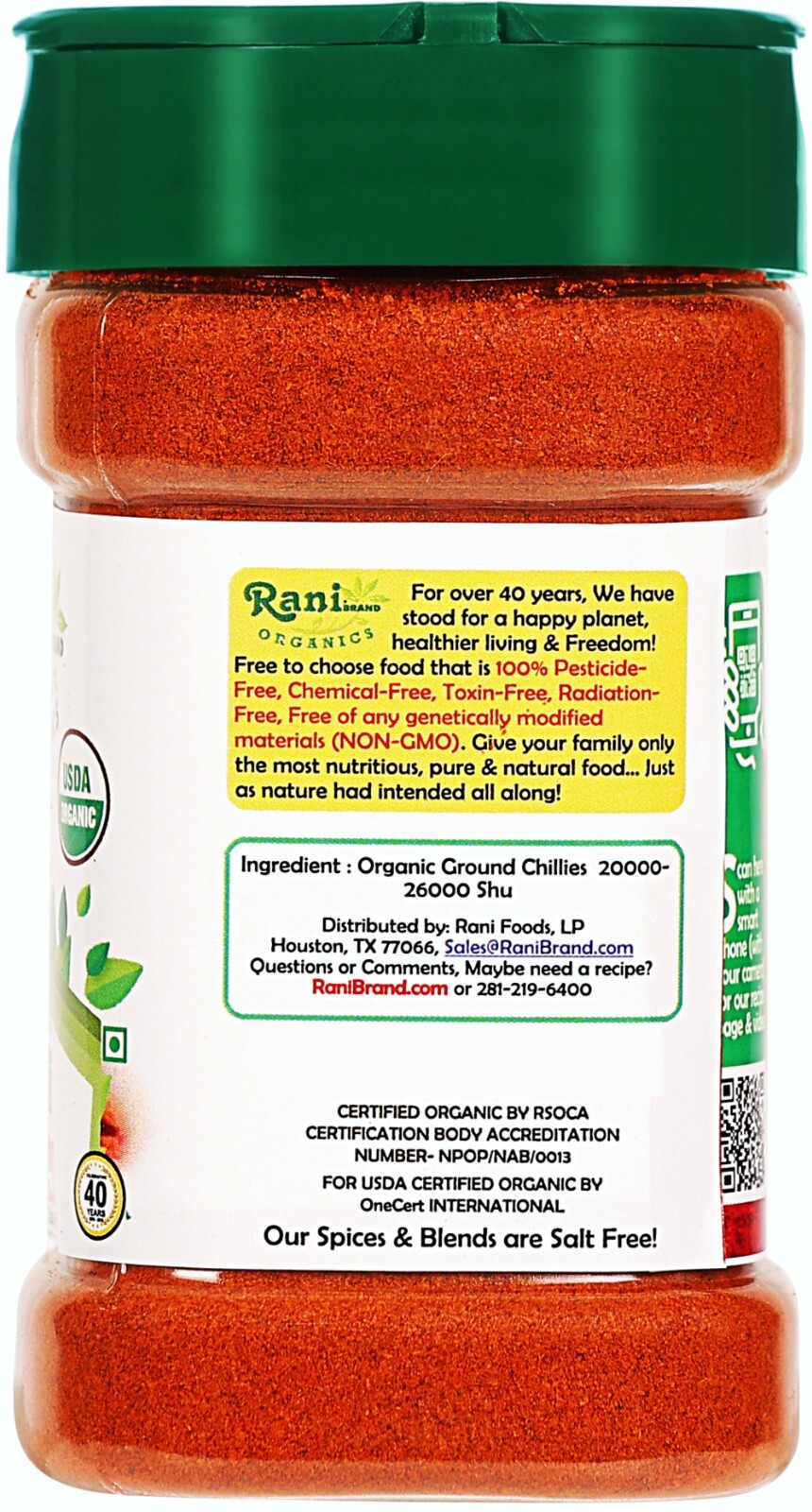 Rani Organic Chilli Powder (Mirchi Ground) 3oz (85g) PET Jar