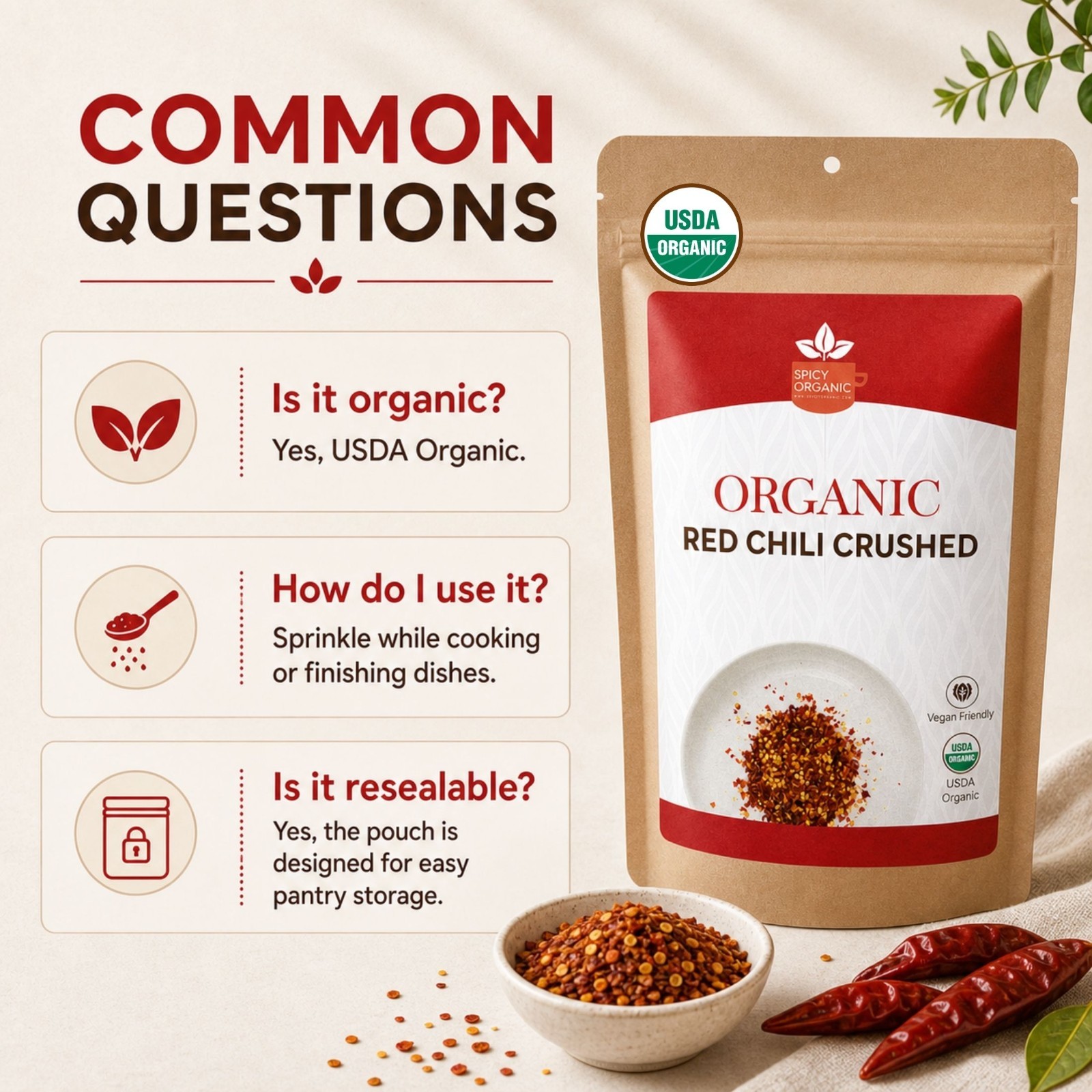 Spicy Organic Red Chili Flakes 2 lbs | USDA Organic