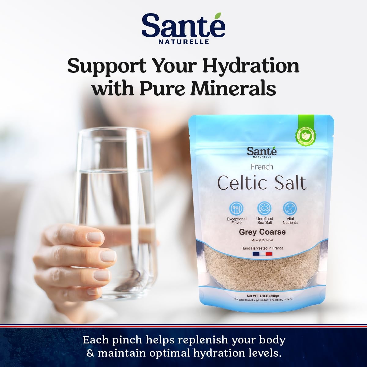 Sante Naturelle Celtic Salt Grey Coarse – 1.1lb (18oz) Unrefined French Sea Salt