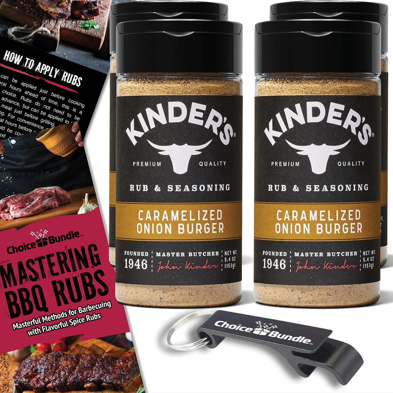 Kinder’s Caramelized Onion Burger BBQ Seasoning Rub 5.4 oz 4 PK + Guide & Opener