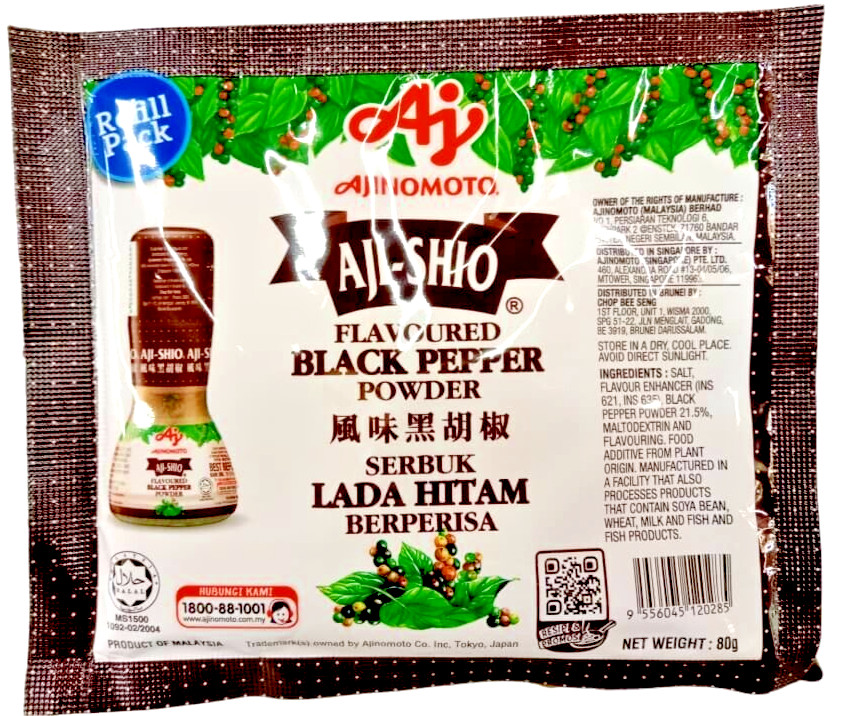 AJI-SHIO ( Ajinomoto ) Flavoured BLACK PEPPER POWDER ( 1 bottle + 4 packs )