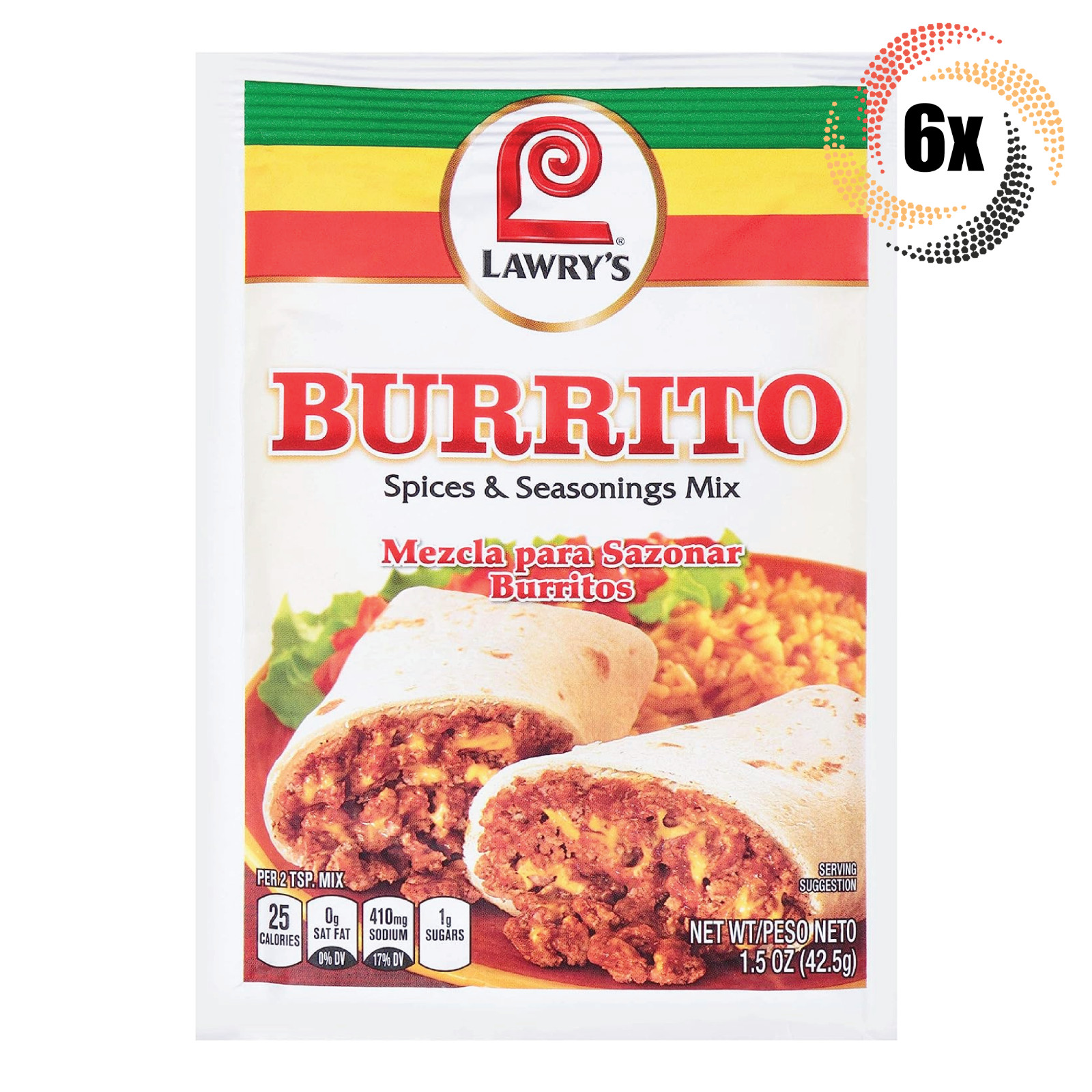 6x Packets Lawry’s Burrito Flavor Spices & Seasoning Mix | No MSG | 1.50oz