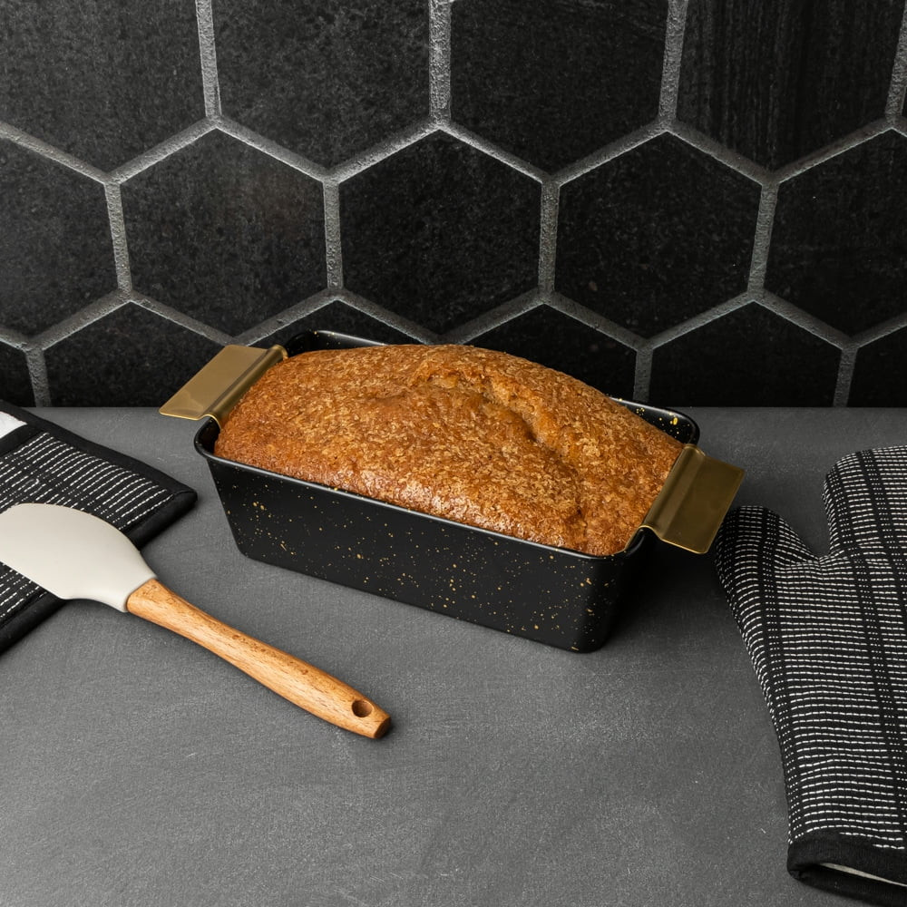 Non-Stick Loaf Pan with Gold Stainless Steel Trivet – Black and Gold