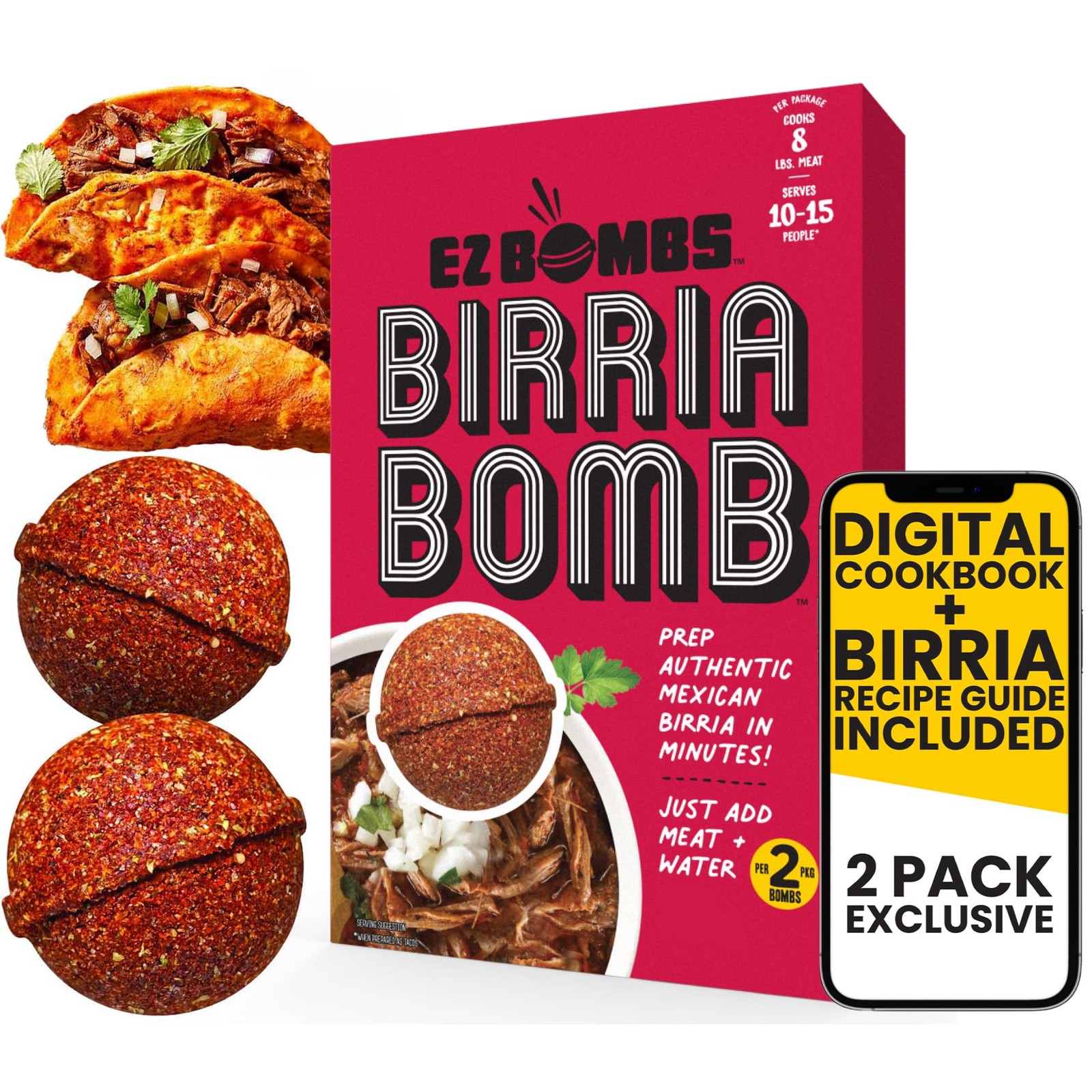 EZ Bombs Birria Bomb Seasoning, Pack of 2 – Authentic 4.8 Ounce (Pack 1)
