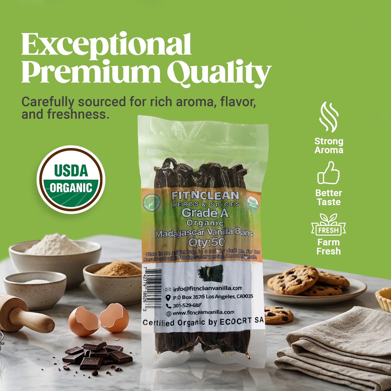 50 Organic Grade A Madagascar Vanilla Beans. Certified 50 Count (Pack of 1)