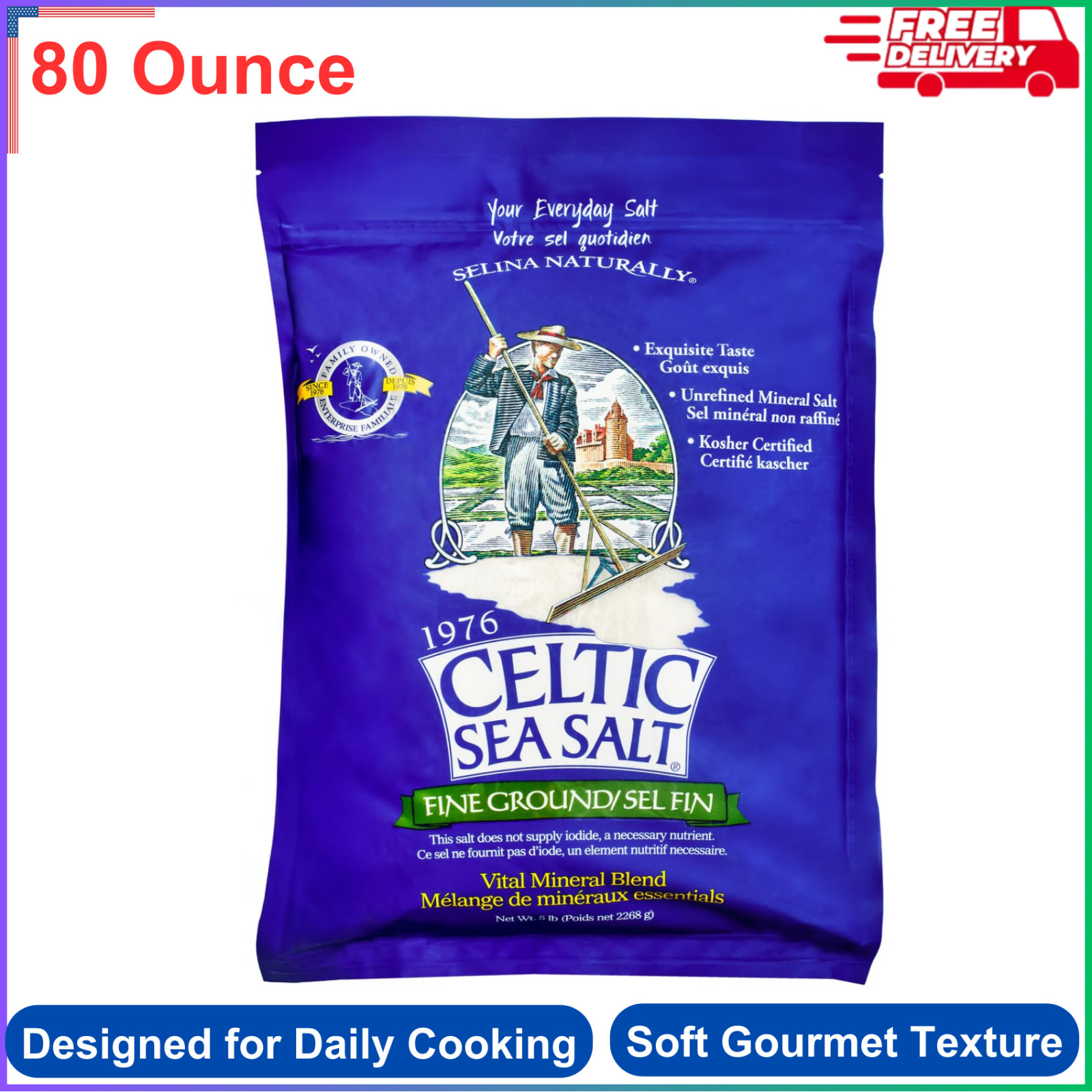 Fine Ground Sea Salt 5 lb Resealable Bag For Baking, Cooking, Seasoning, Kosher