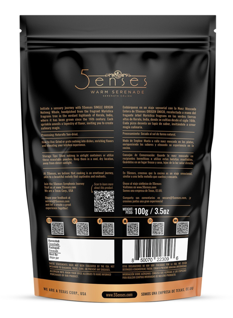 5Senses Nutmeg Whole | Nuez Moscada | Single Origin Non-GMO, Fairtrade