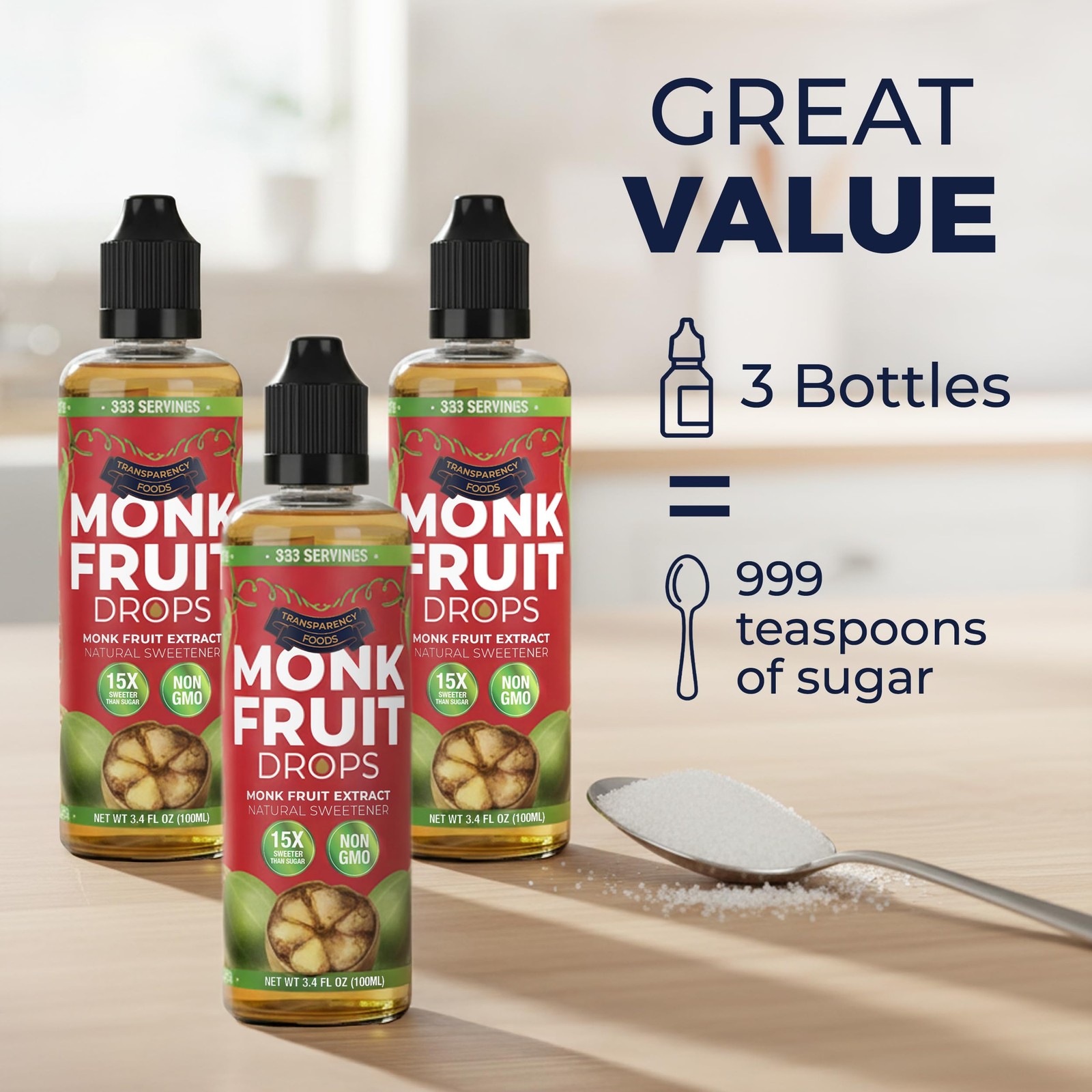 Monk Fruit Extract 6 Drops = 1 Tsp of Sugar Zero Calories, NonGMO, No Fillers…