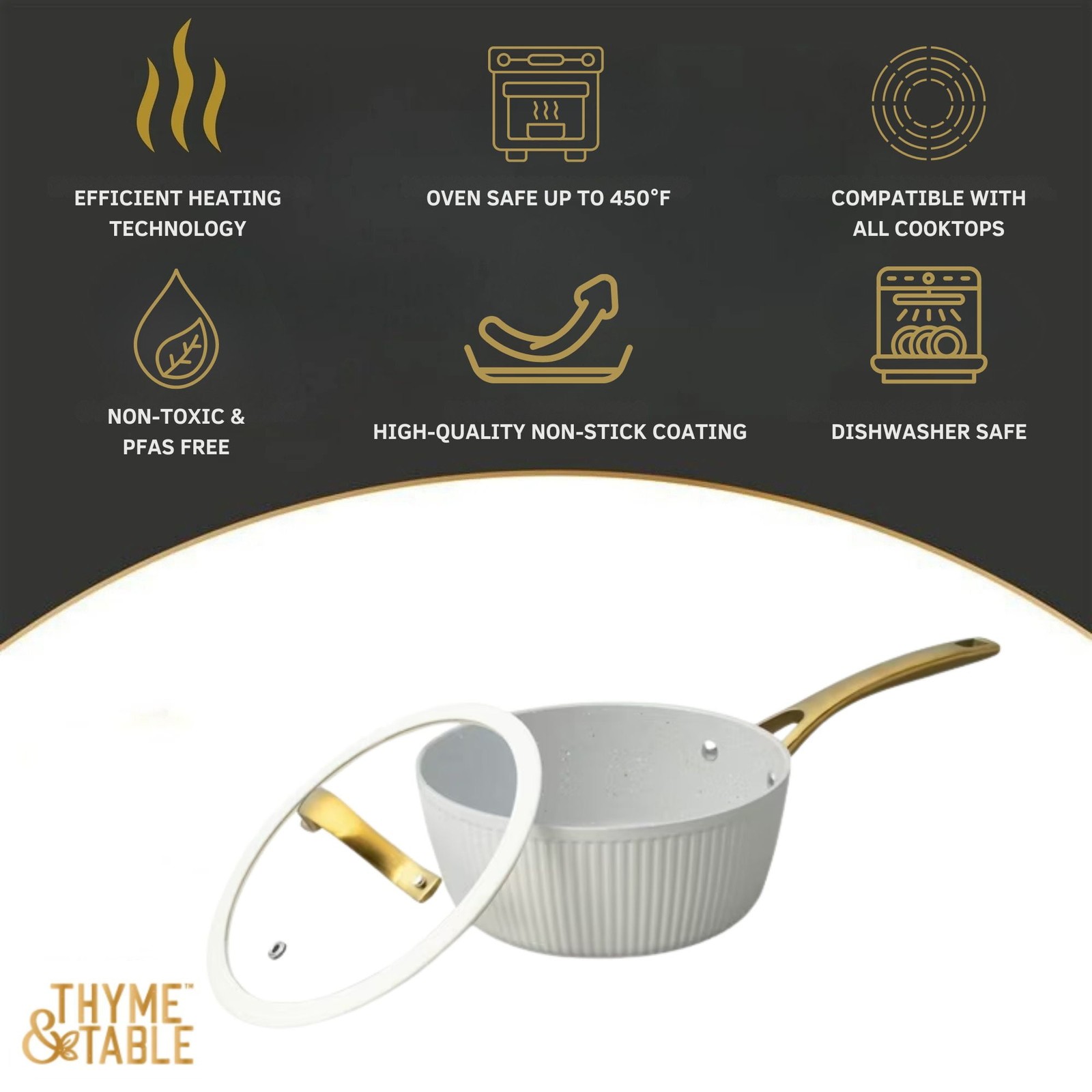 Thyme & Table 2.5 QT Non-Stick Signature Ribbed Saucepan – White & Gold