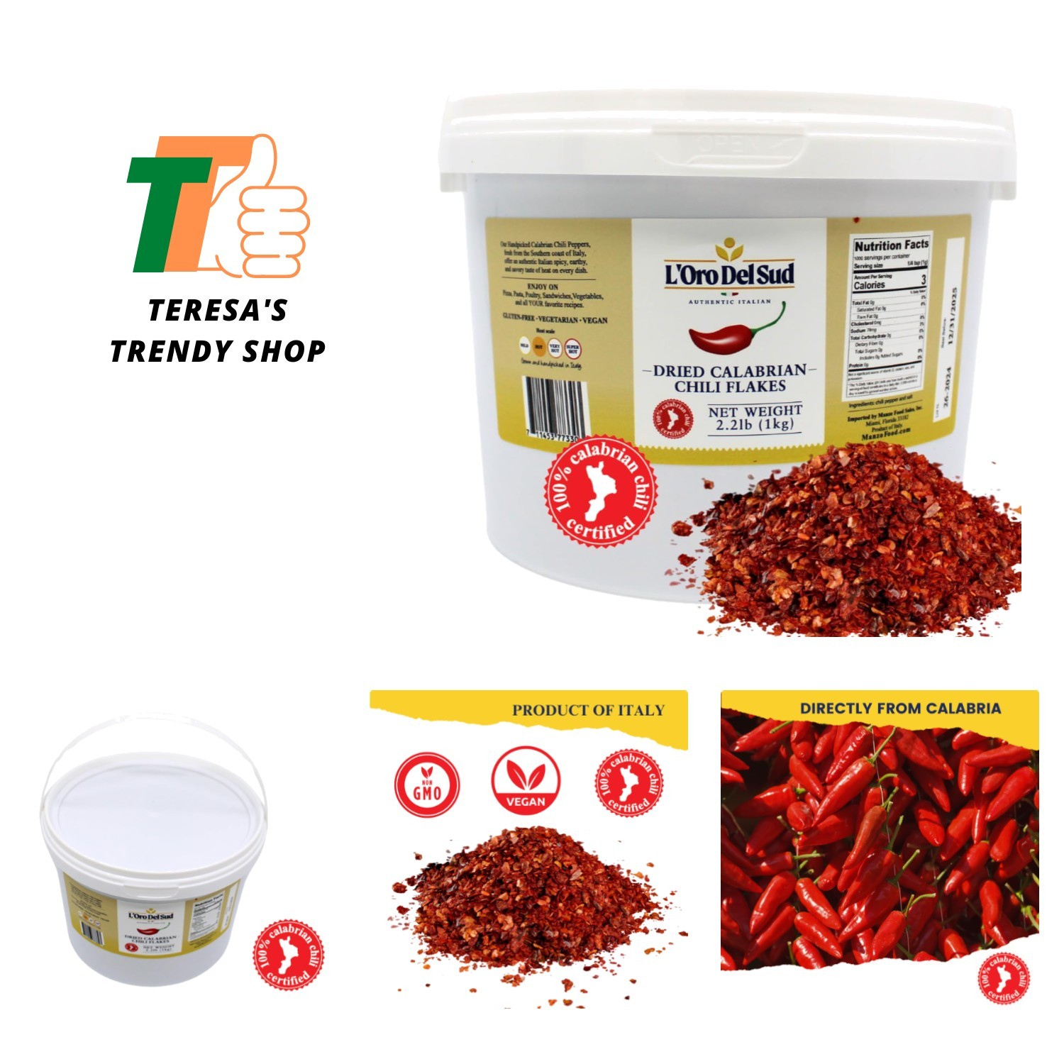 100% Certified Calabrian Chili Red Pepper Flakes – 1 KG Tub for Authentic Flavor