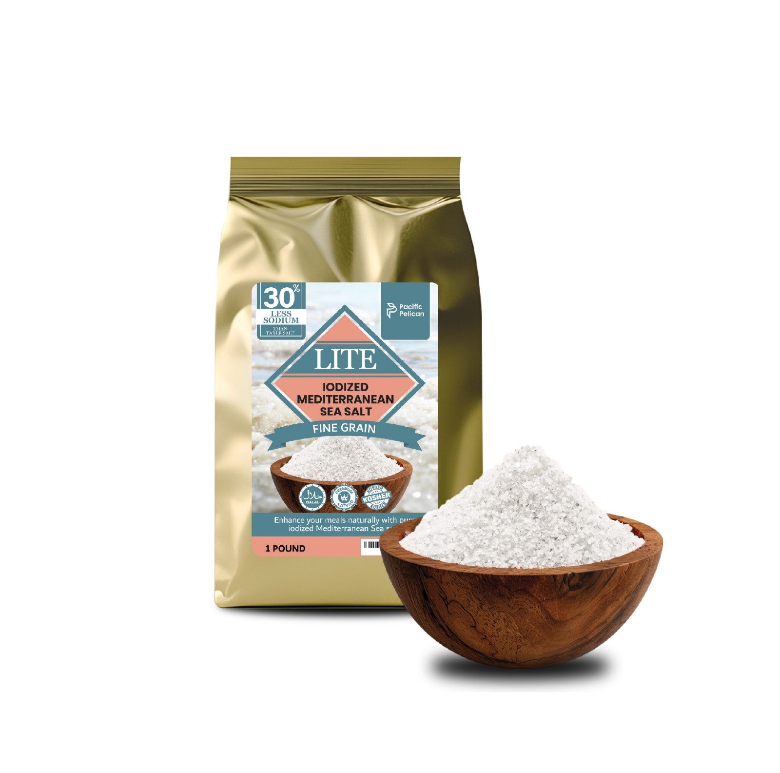 Pacific Pelican 30% Less Sodium Iodized Mediterranean Fine Grain Sea Salt, 1LB