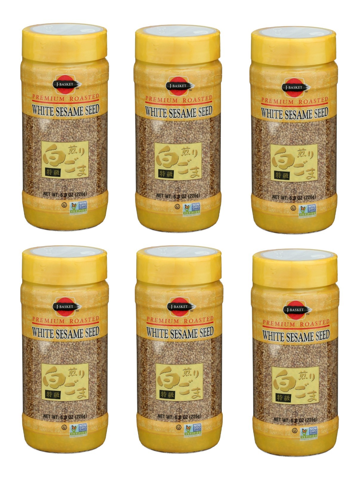 6 Pack J-Basket Premium Roasted White Sesame Seeds 8 oz Non-GMO Whole Asian Cook