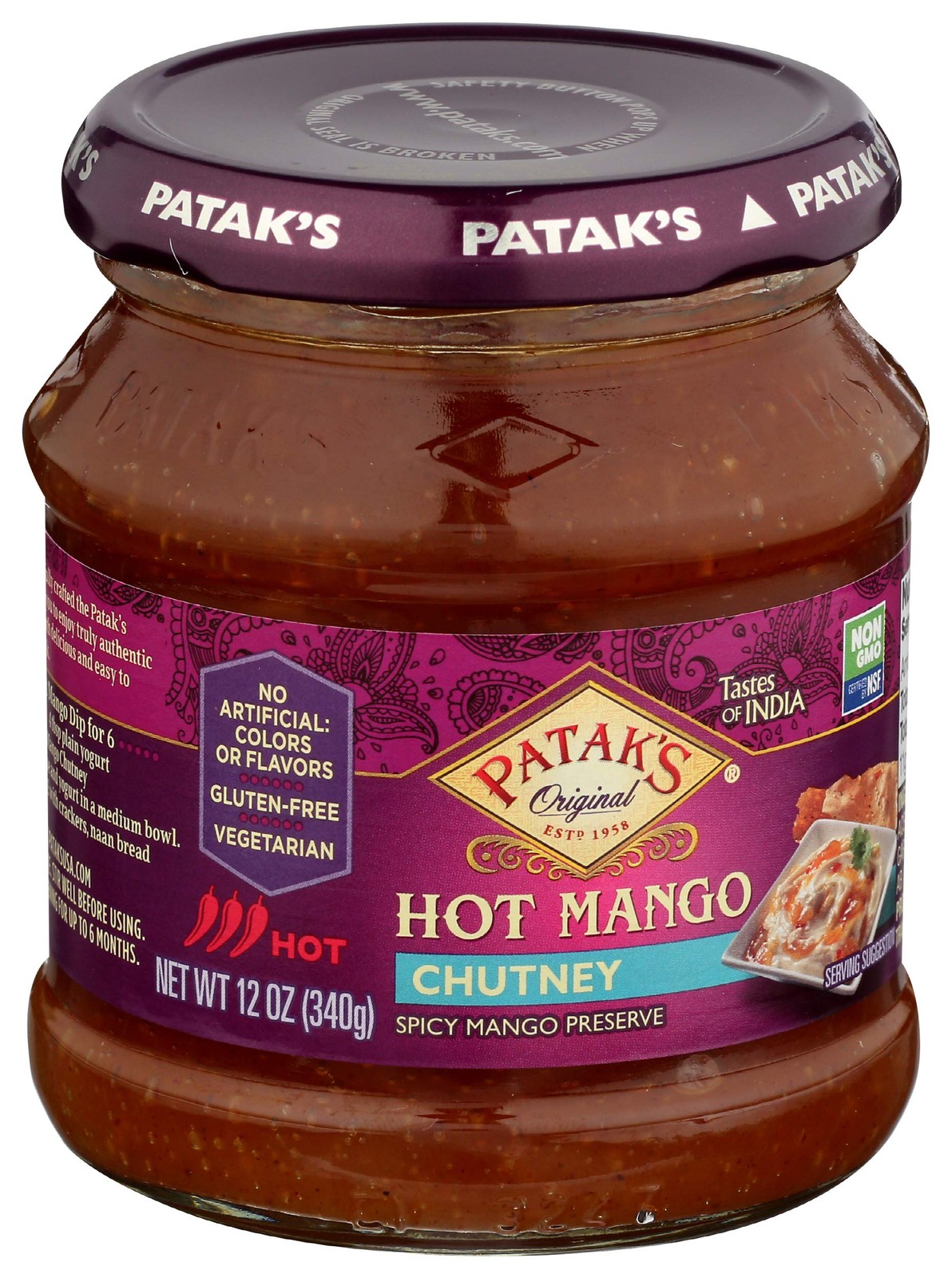 Patak’s Hot Mango Chutney 12oz Spicy Sweet Condiment for Dips and Grilling