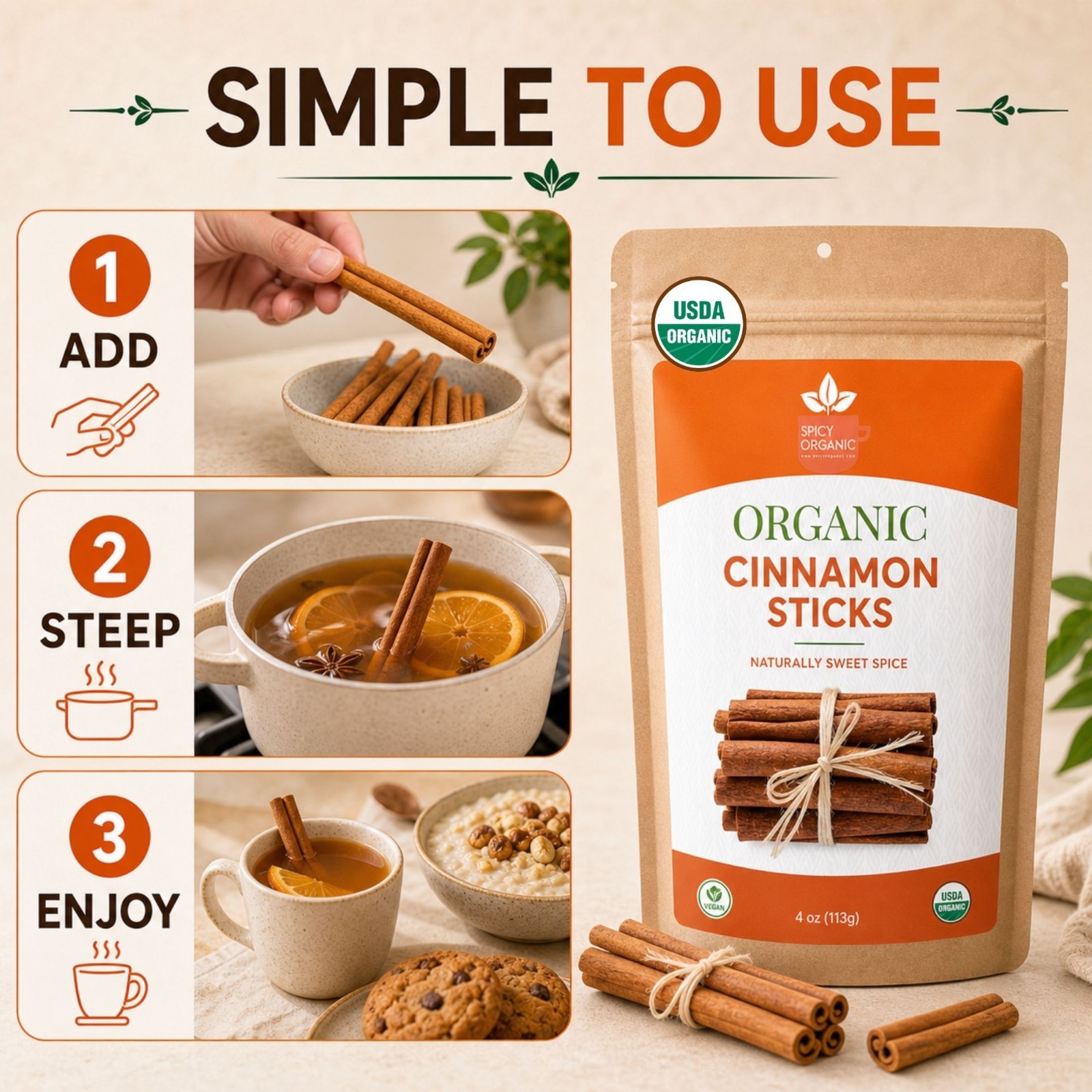 Spicy Organic Cassia Cinnamon Sticks 8 oz | USDA Organic