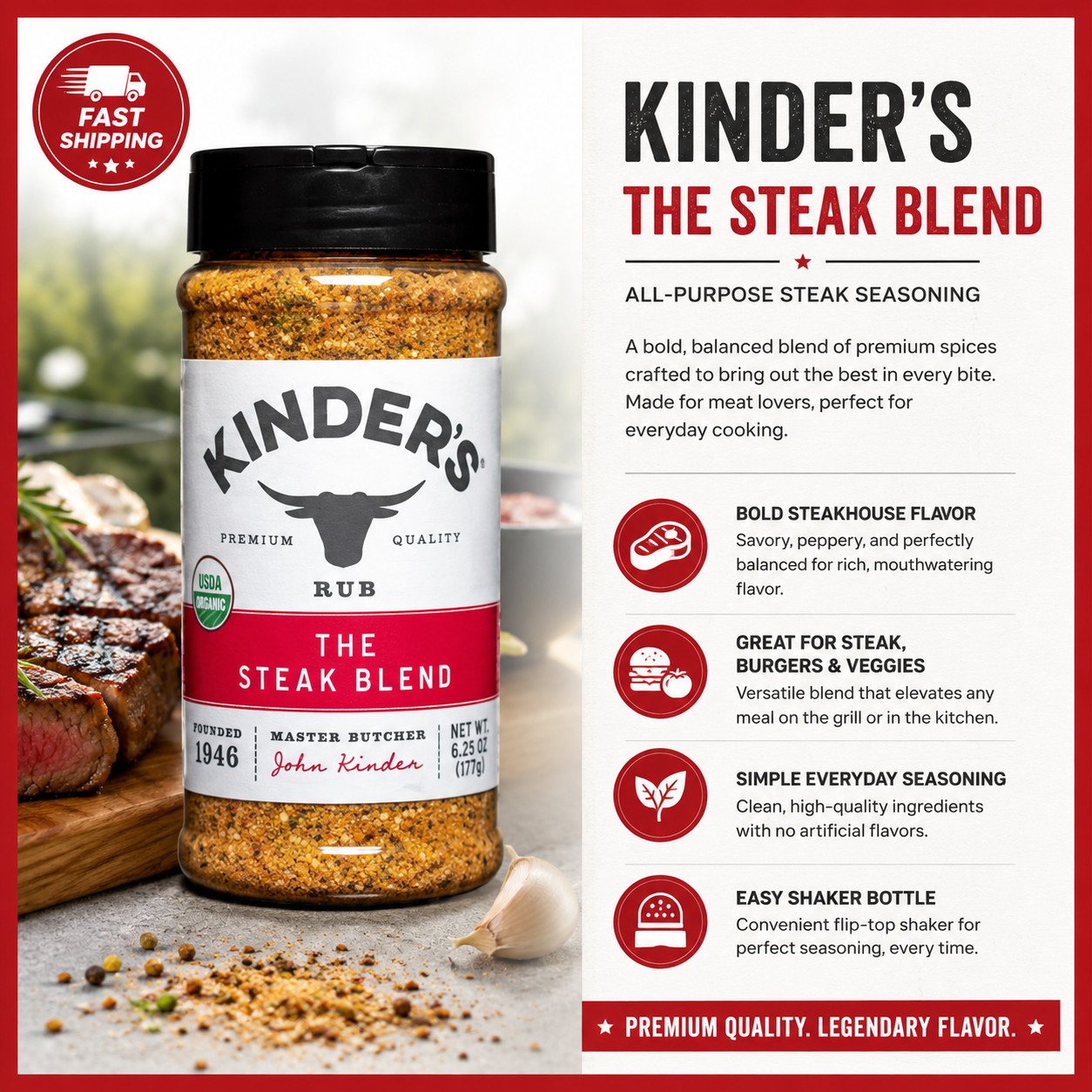Kinder’s Organic Rub, The Steak Blend, 12.8 oz, (362 g)