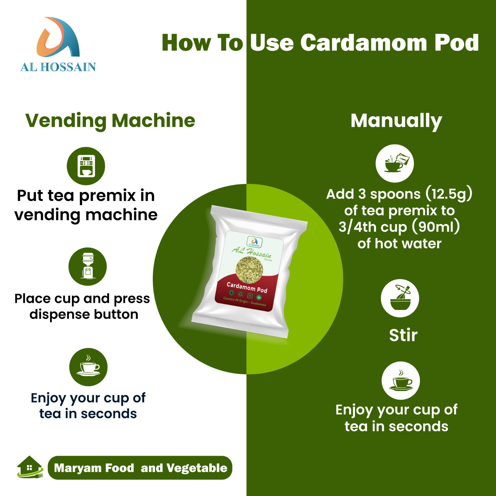 Al Hossain Organic Green Cardamom Pods 250g / 5kg Bulk | Whole Elaichi Spice pod