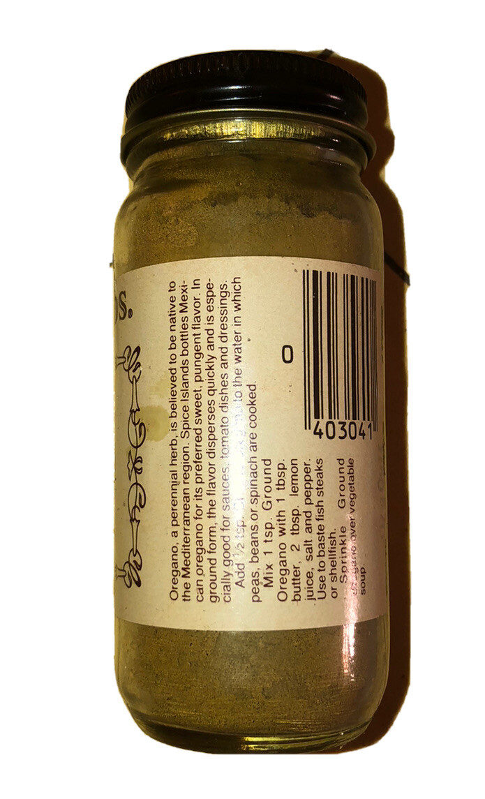 Sealed 1970’s Spice Islands Ground Oregano 1.5 Oz. San Francisco Glass Bottle
