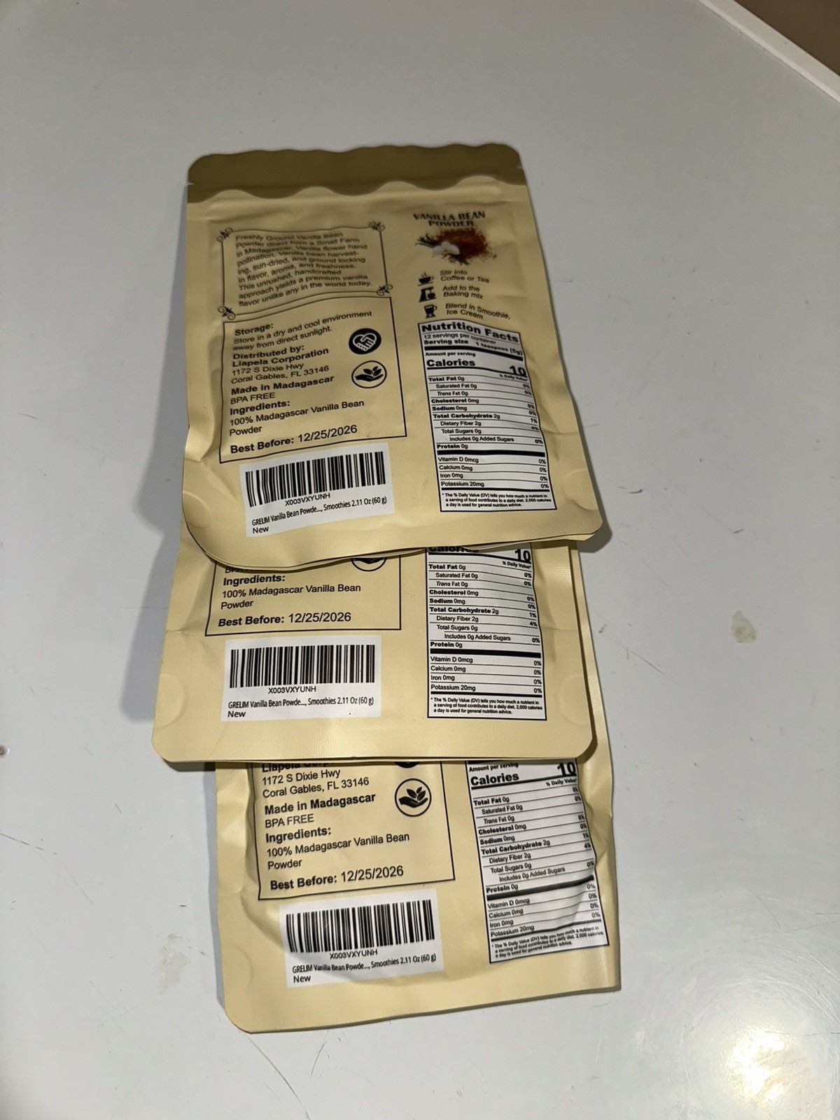 3 Packs Of Grelim 100% Pure Ground Madagascar Vanilla Bean Powder 2.11 Oz