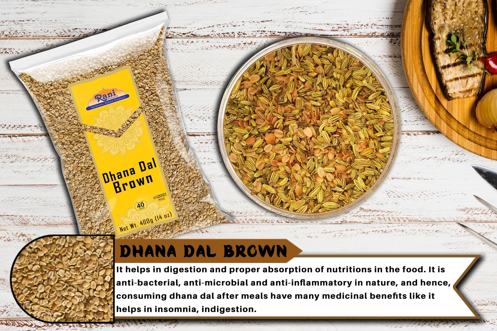 Rani Dhana Dal (Roasted Coriander Seeds) Brown 14oz (400g)