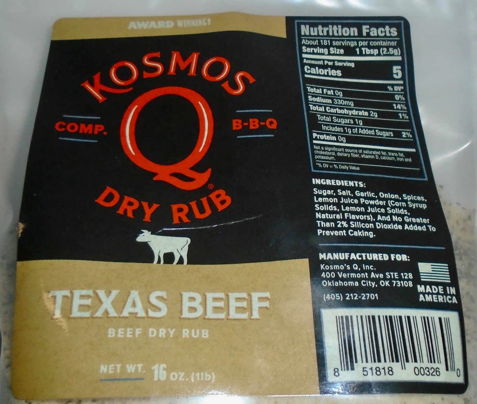 NEW KOSMOS BBQ BEEF DRY RUB, TEXAS BEEF – 16Oz. – 1 LB. RESEALABLE BAG