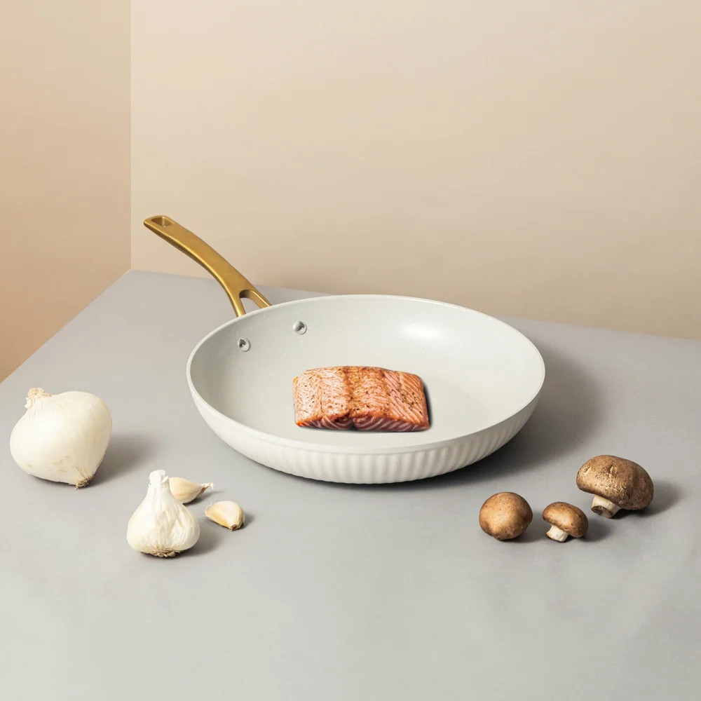 Thyme & Table 12″ Non-Stick Signature Ribbed Fry Pan- White & Gold