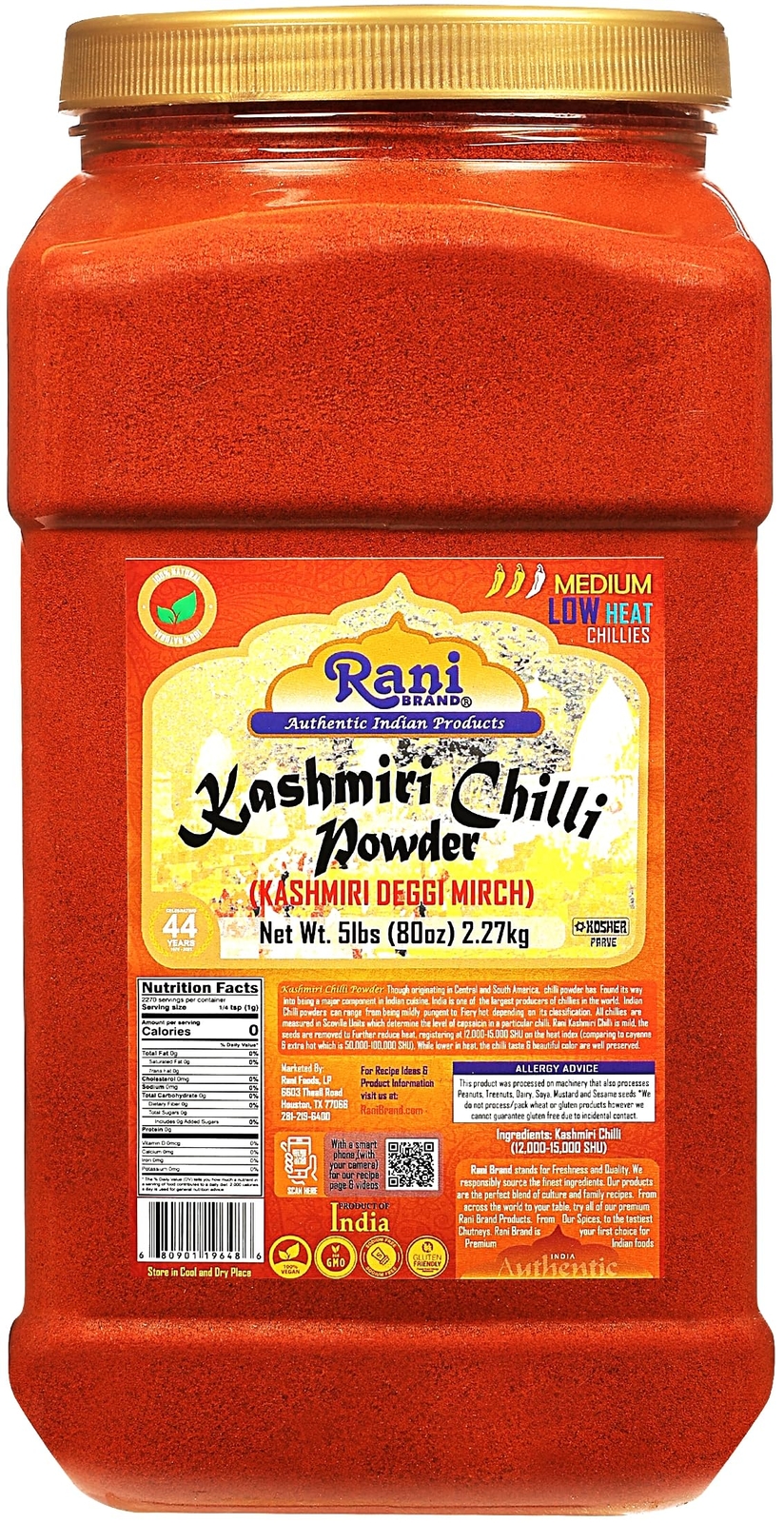 Rani Kashmiri Chilli Powder Ground Indian Spice 80oz (5lbs) 2.27kg PET Jar