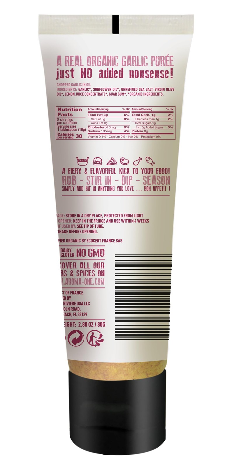 Aroma One Garlic Puree Paste – Organic Herb Concentrate 2.8 Ounce (Pack of 2)