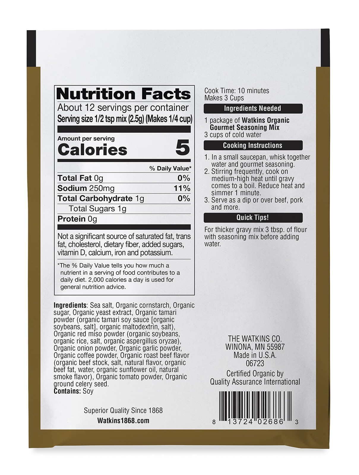 Watkins Organic Gourmet Seasoning Mix, Au 1 Ounce (Pack of 1), Jus Gravy