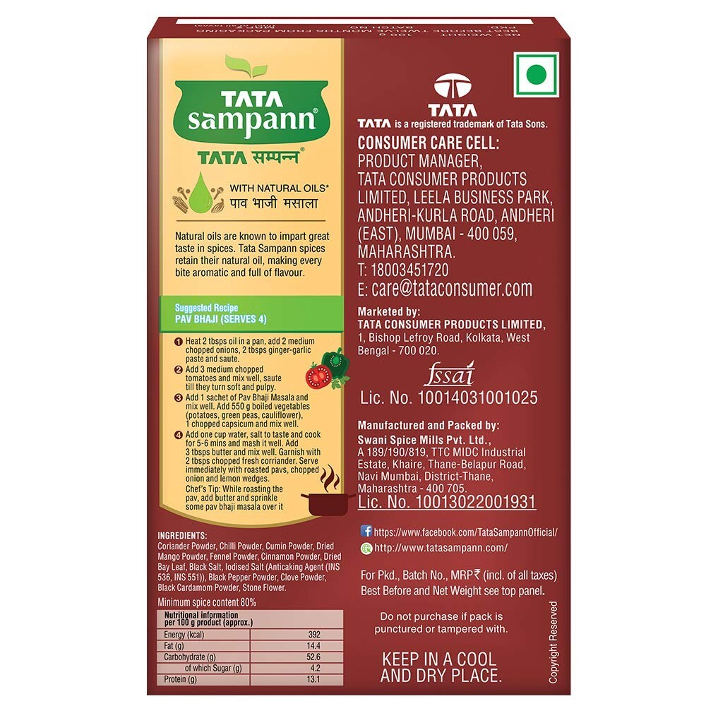 Tata Sampann Pav Bhaji, Pao Bhaji Masala with Natural Oils 45g, Free Ship