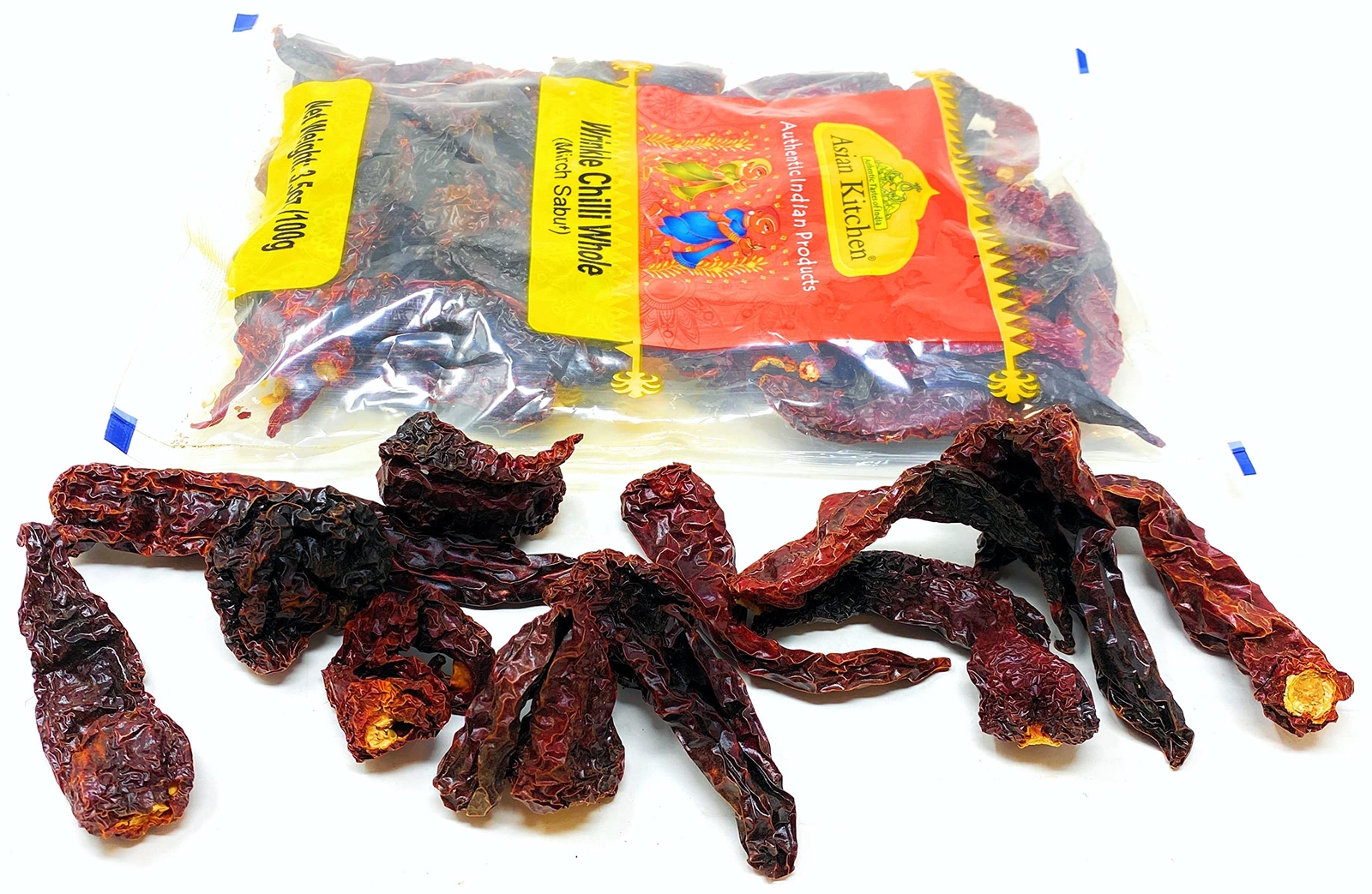 Asian Kitchen Wrinkled Chillies Whole Stemless (Mirch Sabut) 3.5oz (100g)