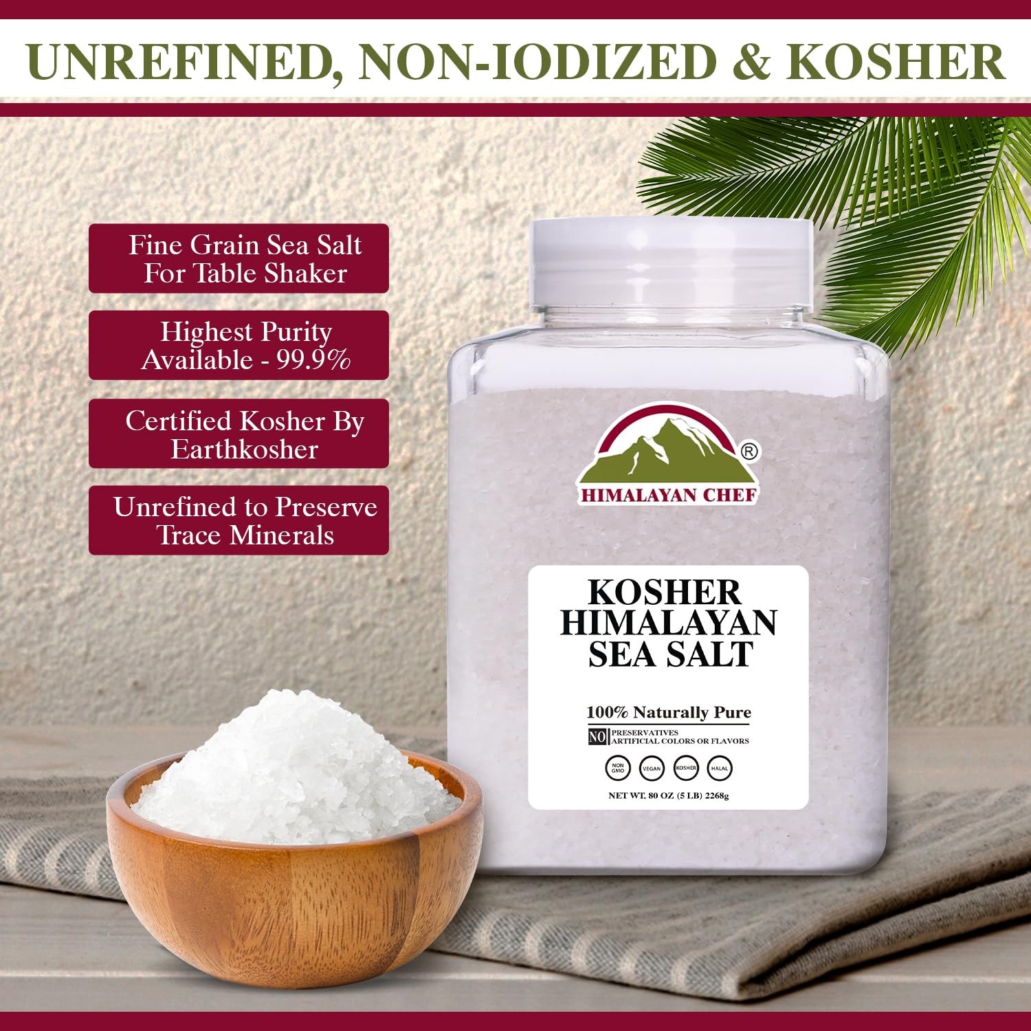Kosher Sea Salt – Natural, Organic, Unrefined, Low Sodium – 5 lb Jar