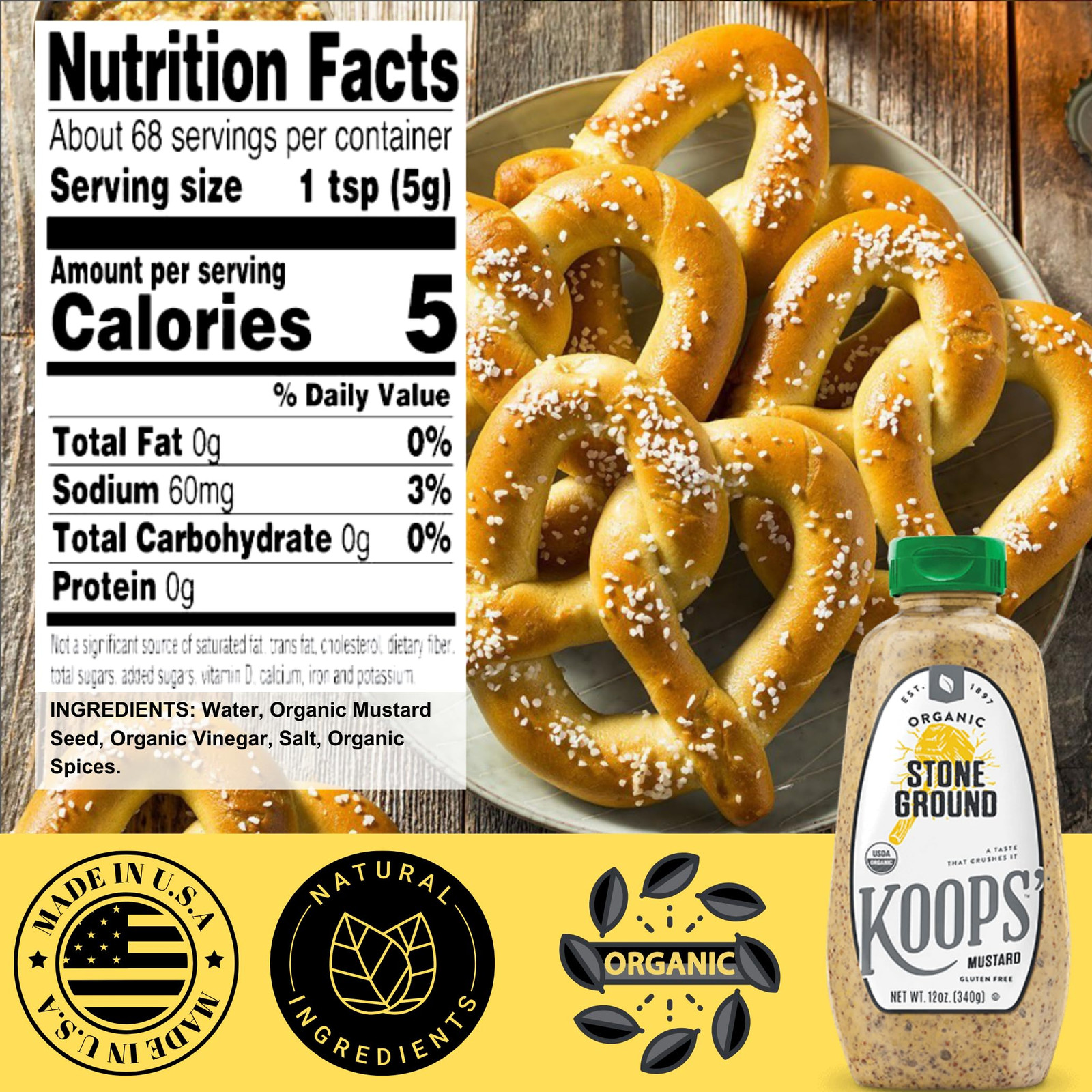 Organic Stone Ground Mustard 12 Ounce Bold Flavor Gluten Free Squeeze Bottle