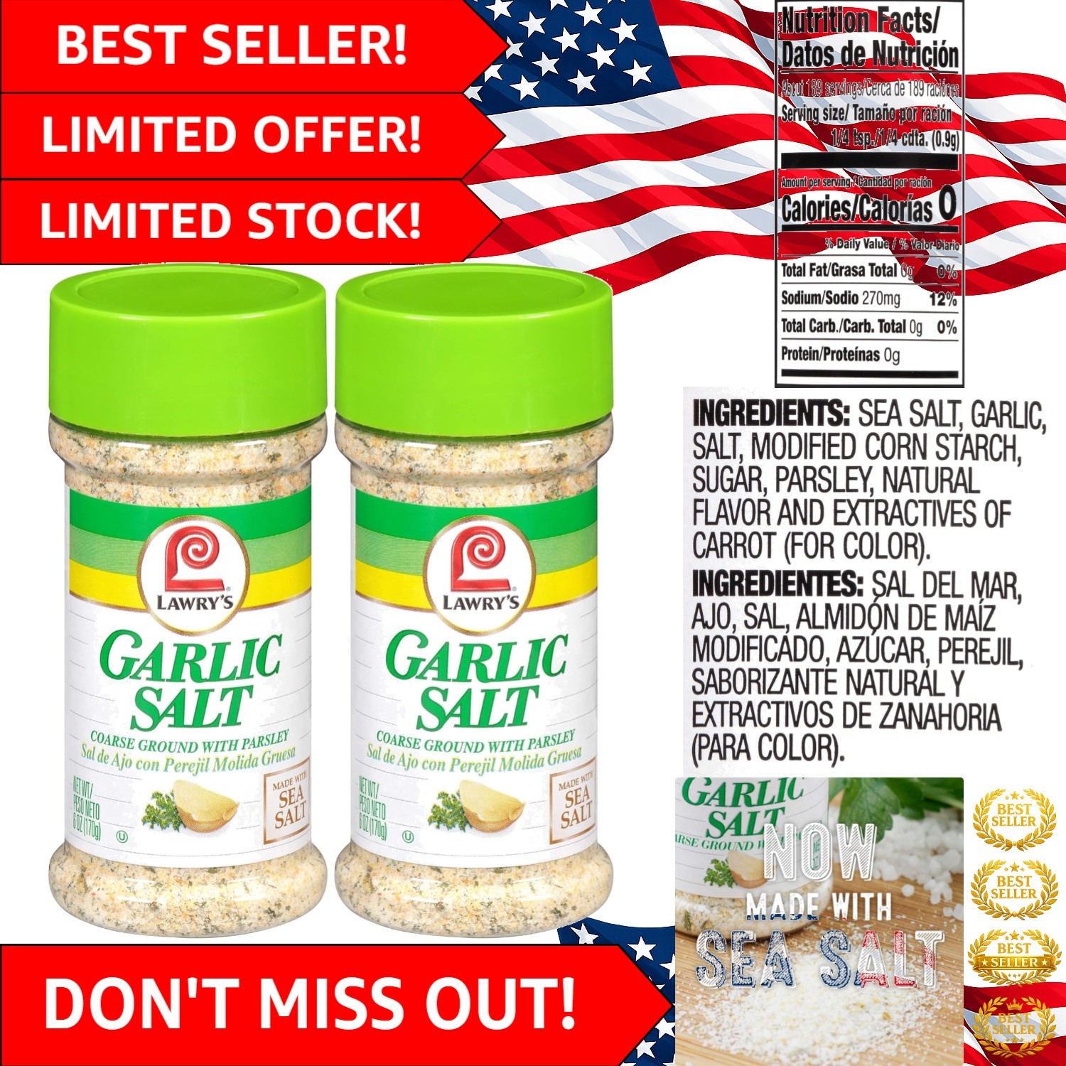 Versatile Coarse Ground Parsley Garlic Salt – 6 oz x 2 for Mediterranean Dishes