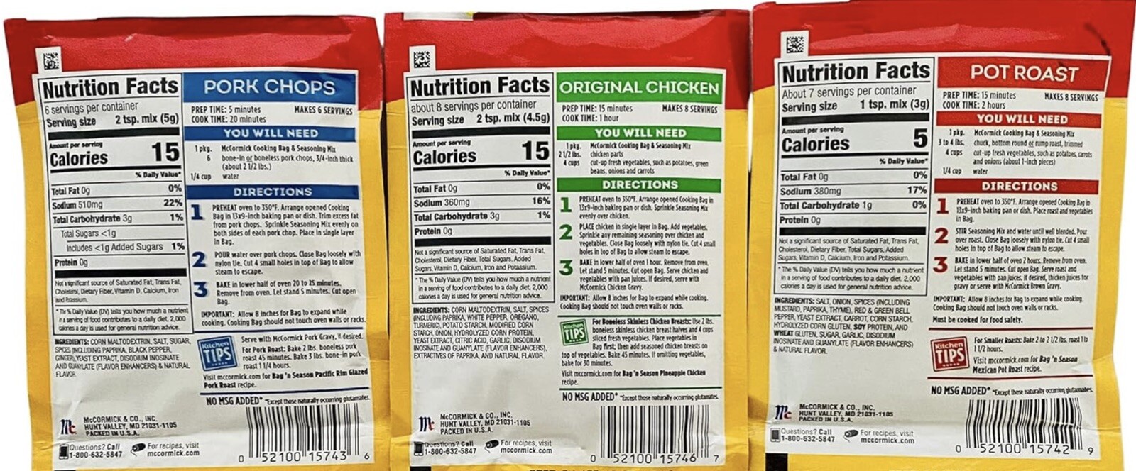 McCormick Bag ‘n Season 3 Flavor Variety Pack -Chicken, Pork Chops and Pot Roast