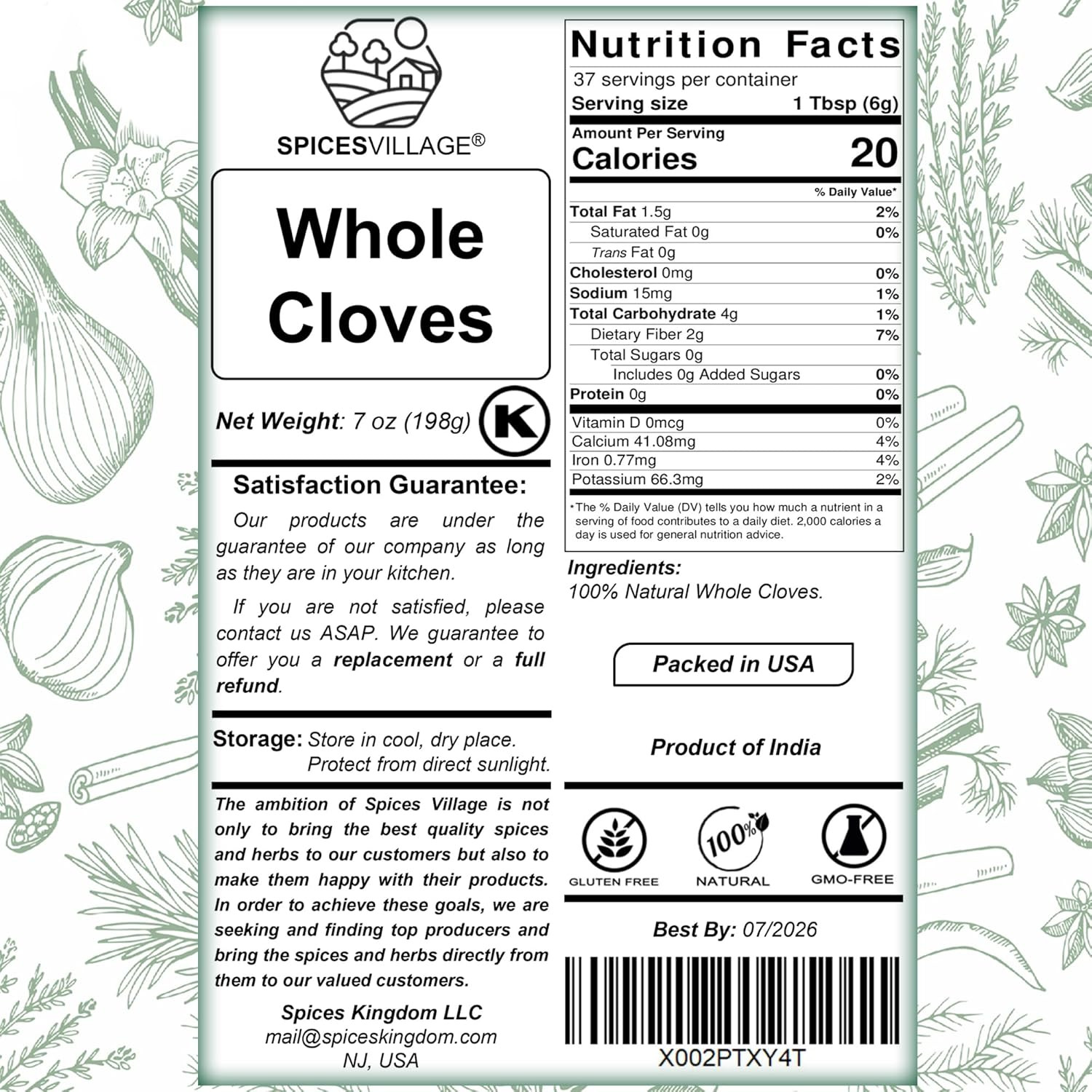 Cloves Whole, All Natural Dried Clove Buds, Clavos de Olor 7 Ounces, Kosher, Glu