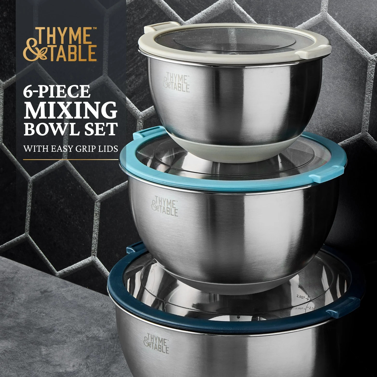 Thyme & Table Mixing Bowl Set – 6pc Nesting, Blue, Lids