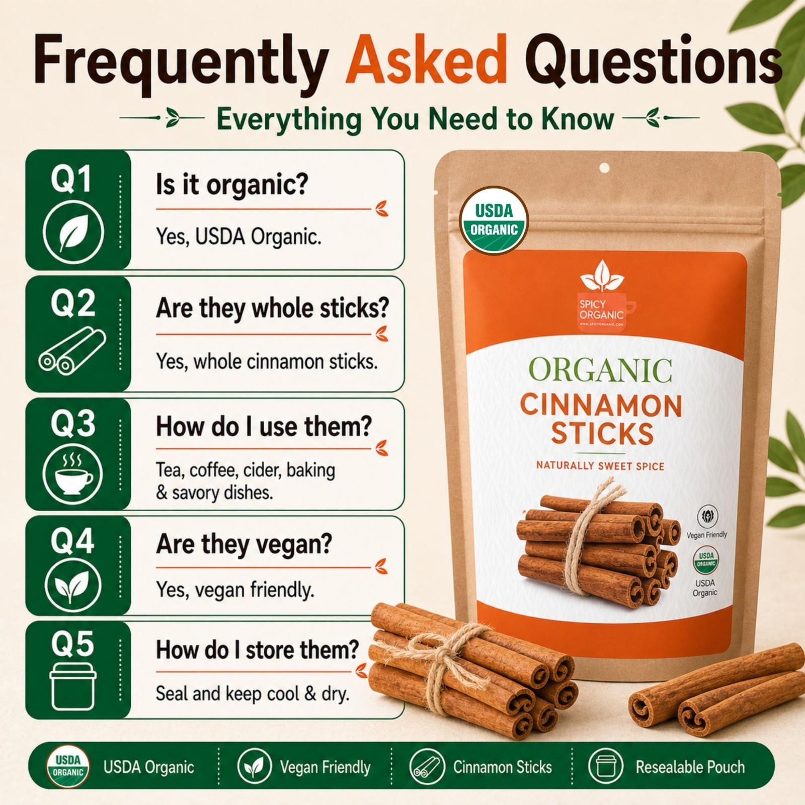 Spicy Organic Cassia Cinnamon Sticks 4 oz | USDA Organic