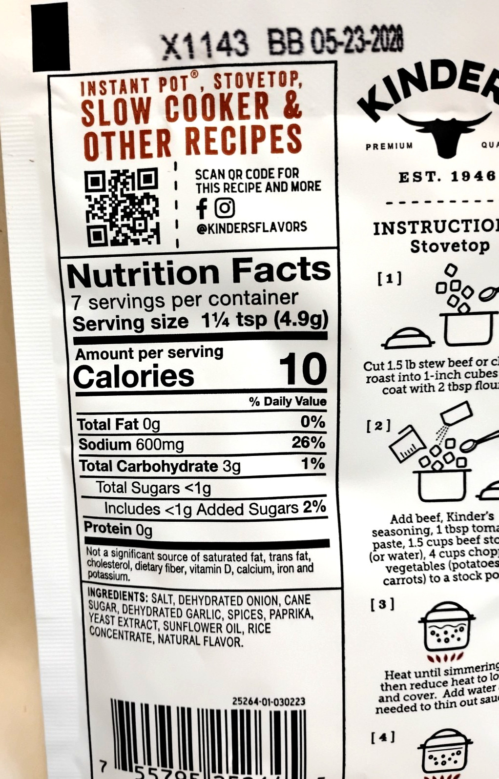 Kinder’s Grandpa’s Beef Stew Seasoning Mix 1.2 oz Packet Instant Pot Slow Cooker