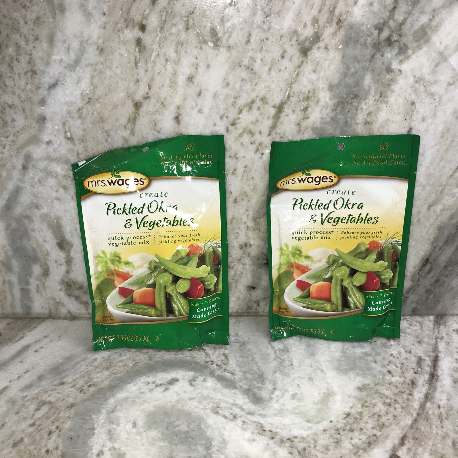 2 Pk Mrs. Wages Pickled Okra & Vegetables Mix Quick Process 3.36 oz each Canning