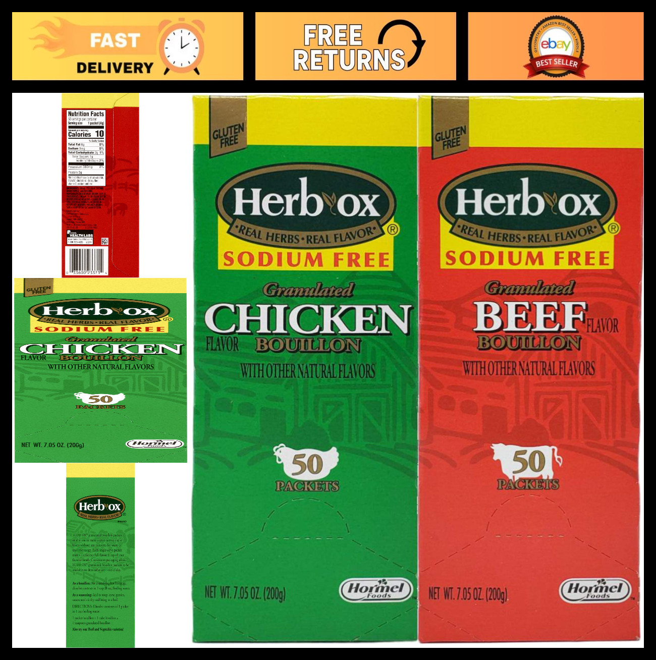 Sodium-Free Beef & Chicken Bouillon Bundle – 100 Packets, Flavorful Broth Mix