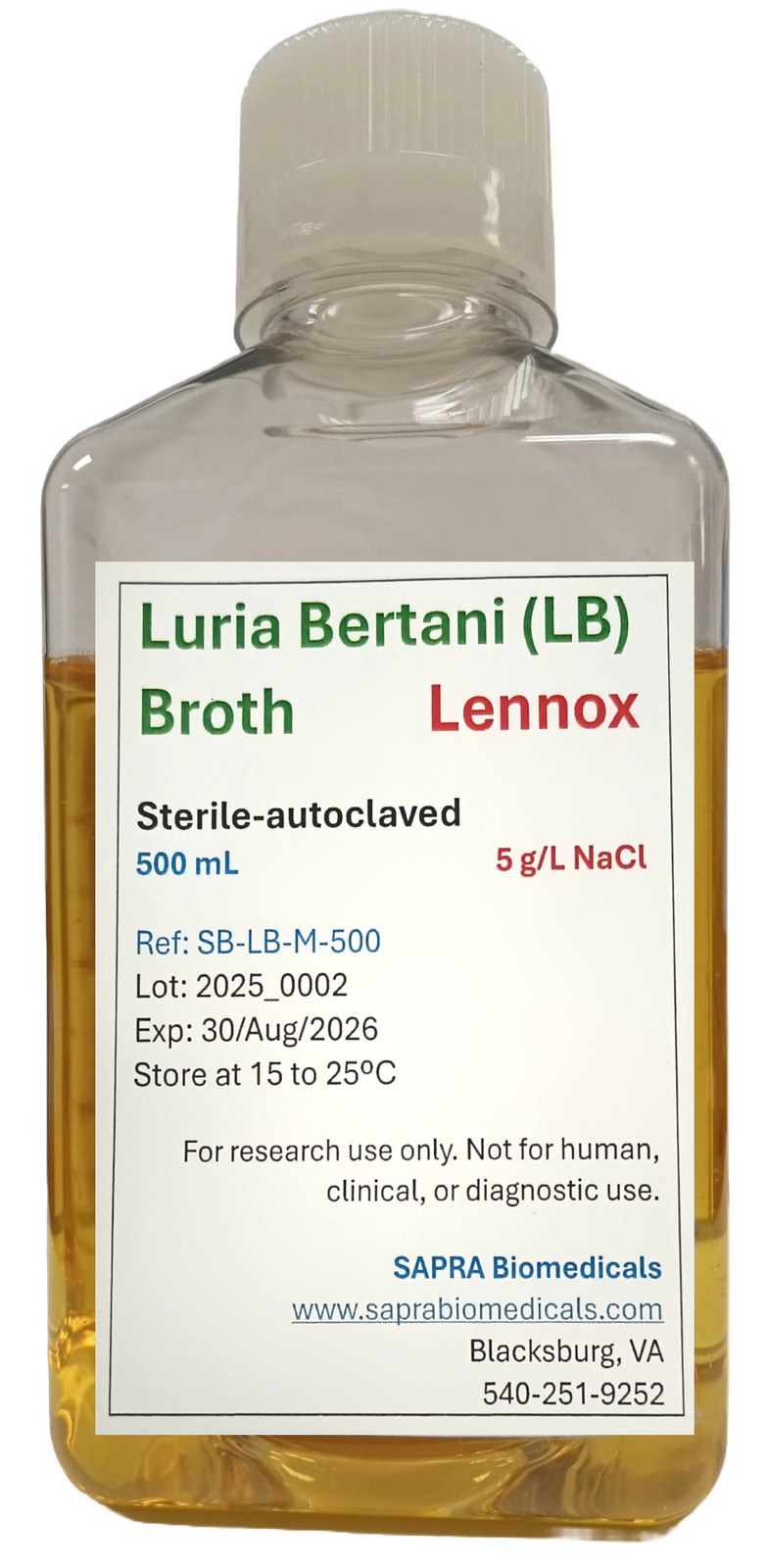 Luria Bertani Broth, Lennox (Moderate Salt Concentration) Medium, 500mL