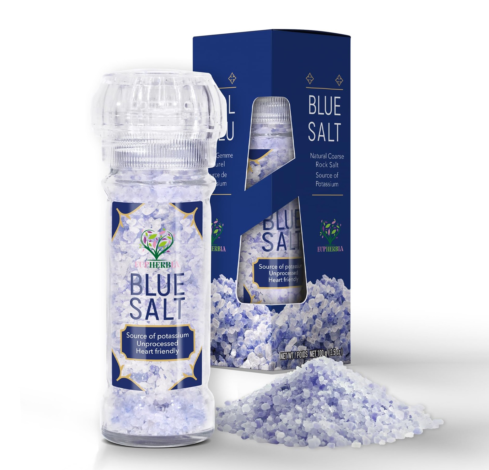 EUPHERBIA Blue Salt, Coarse, Rare Mineral Salt, High Potassium, Lower Sodium, Na